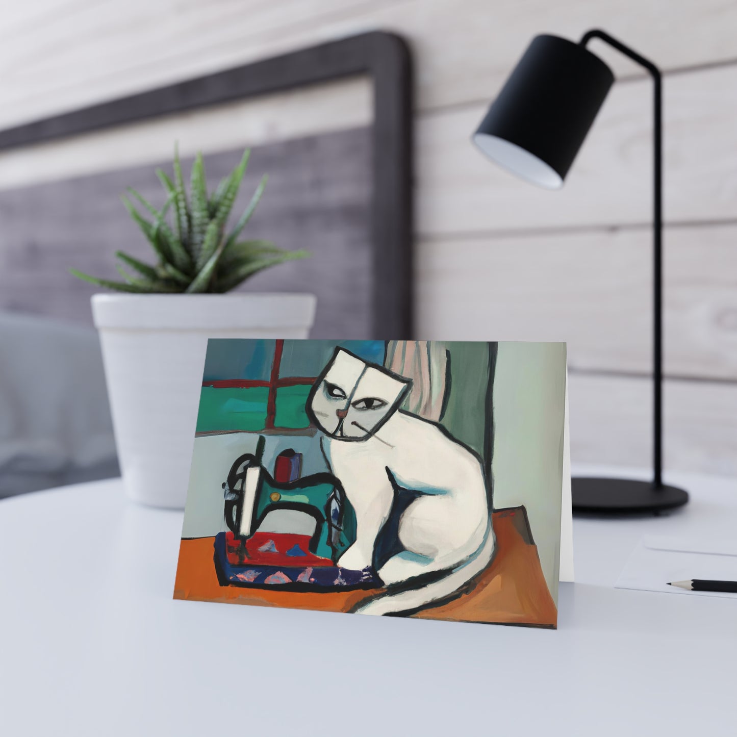 White Sewing Cat Blank Card