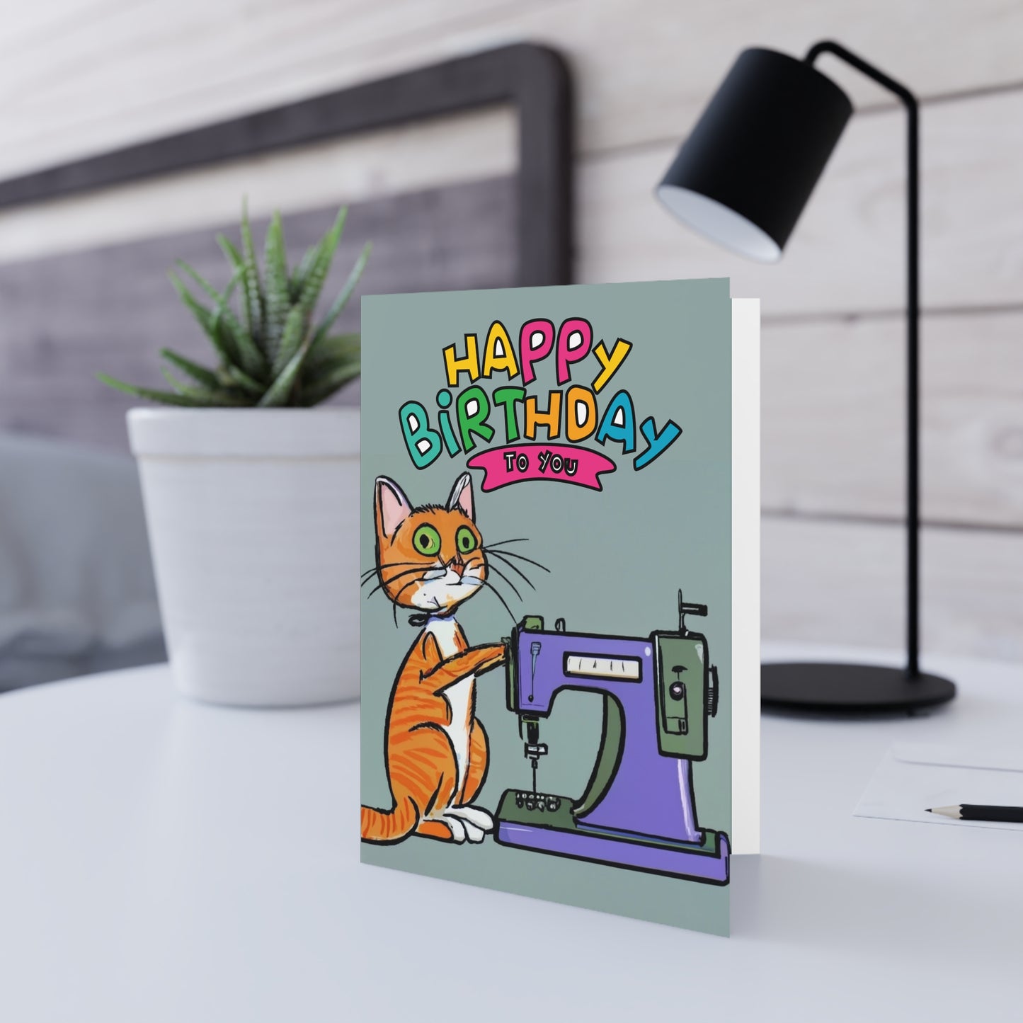 Birthday Card Orange Sewing Cat