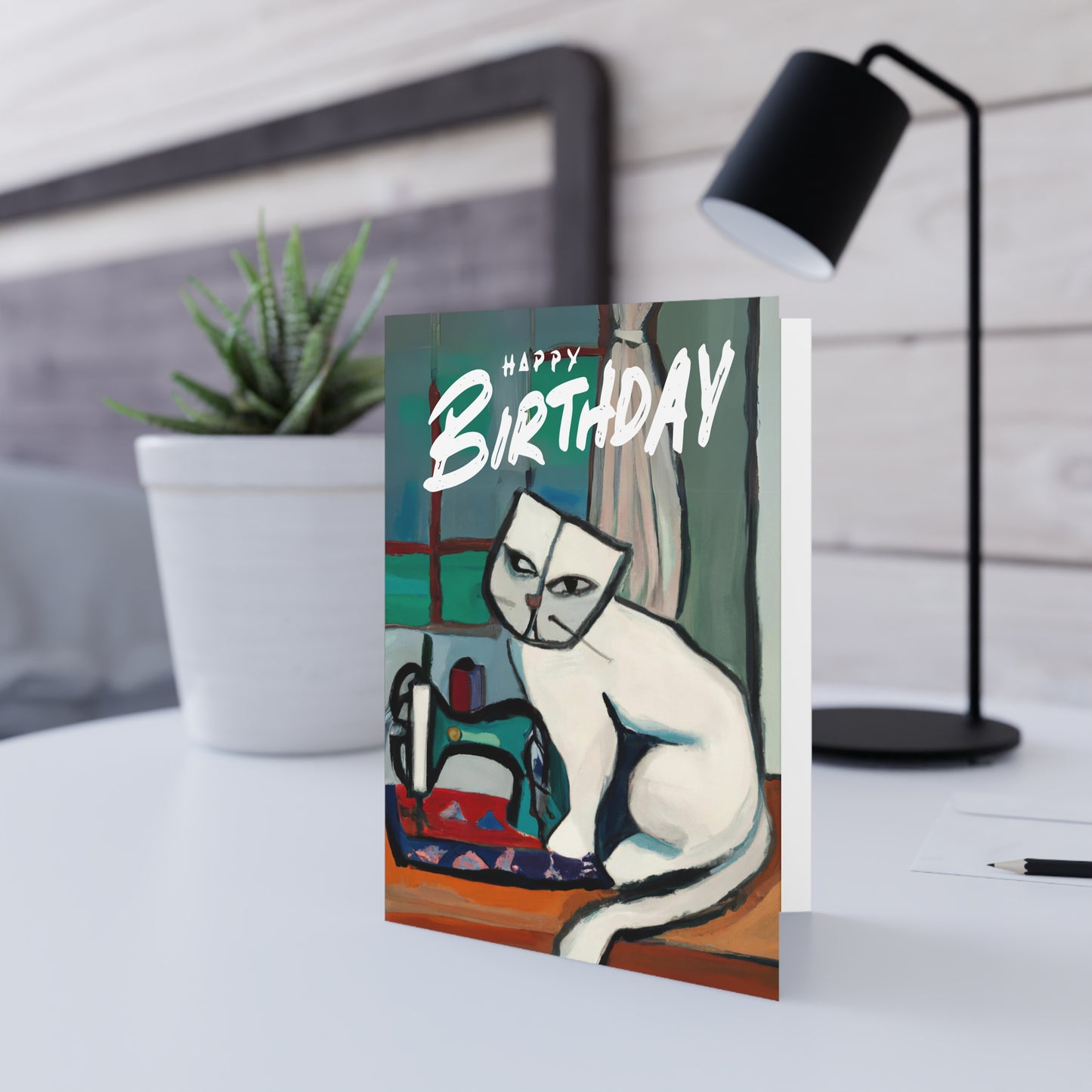 Birthday Card White Sewing Cat