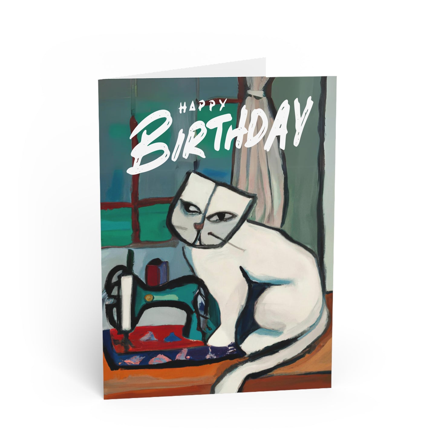 Birthday Card White Sewing Cat