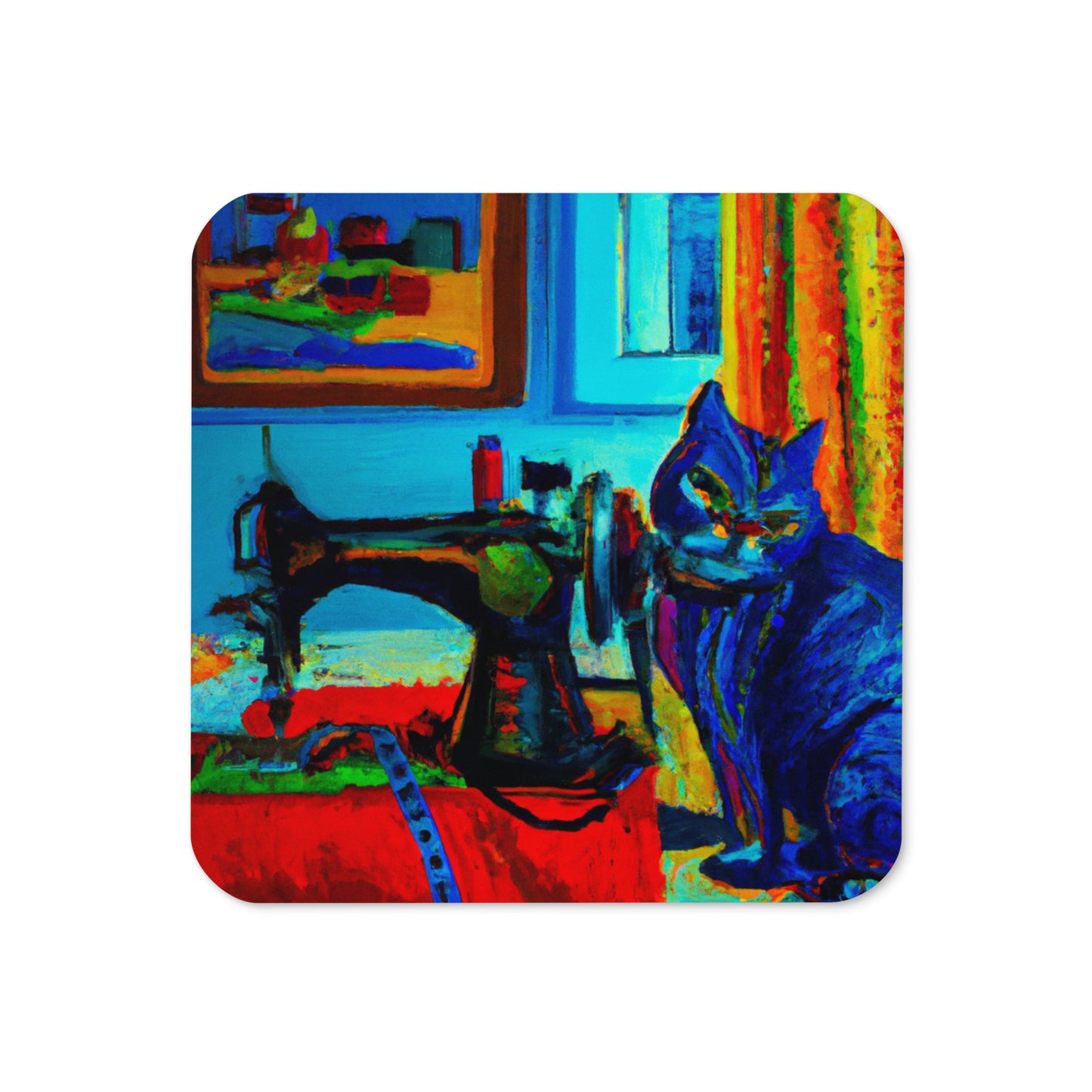 Cork-back Coaster with "Sewing Cat" Graphic - The Perfect Gift for People who Love to Sew