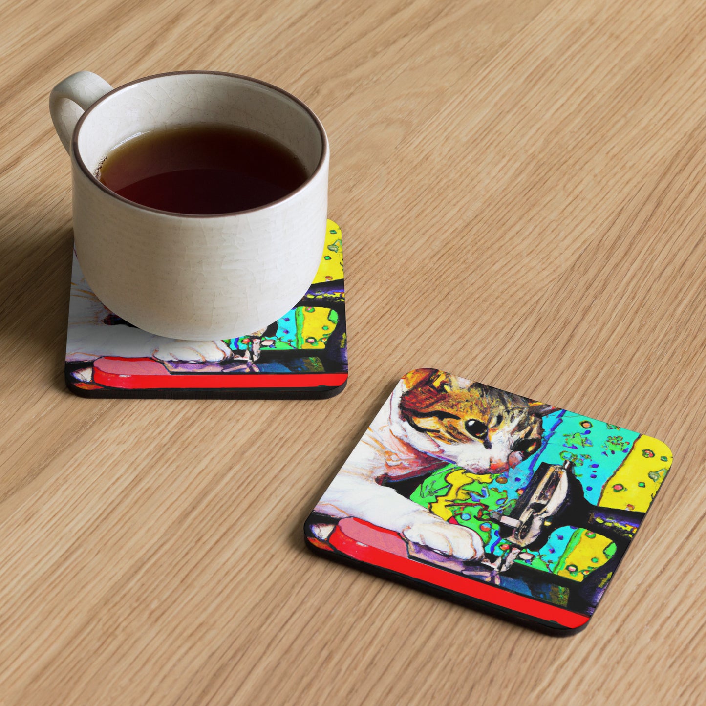 Cork-back Coaster with "Sewing Cat" Graphic - The Perfect Gift for People who Love to Sew