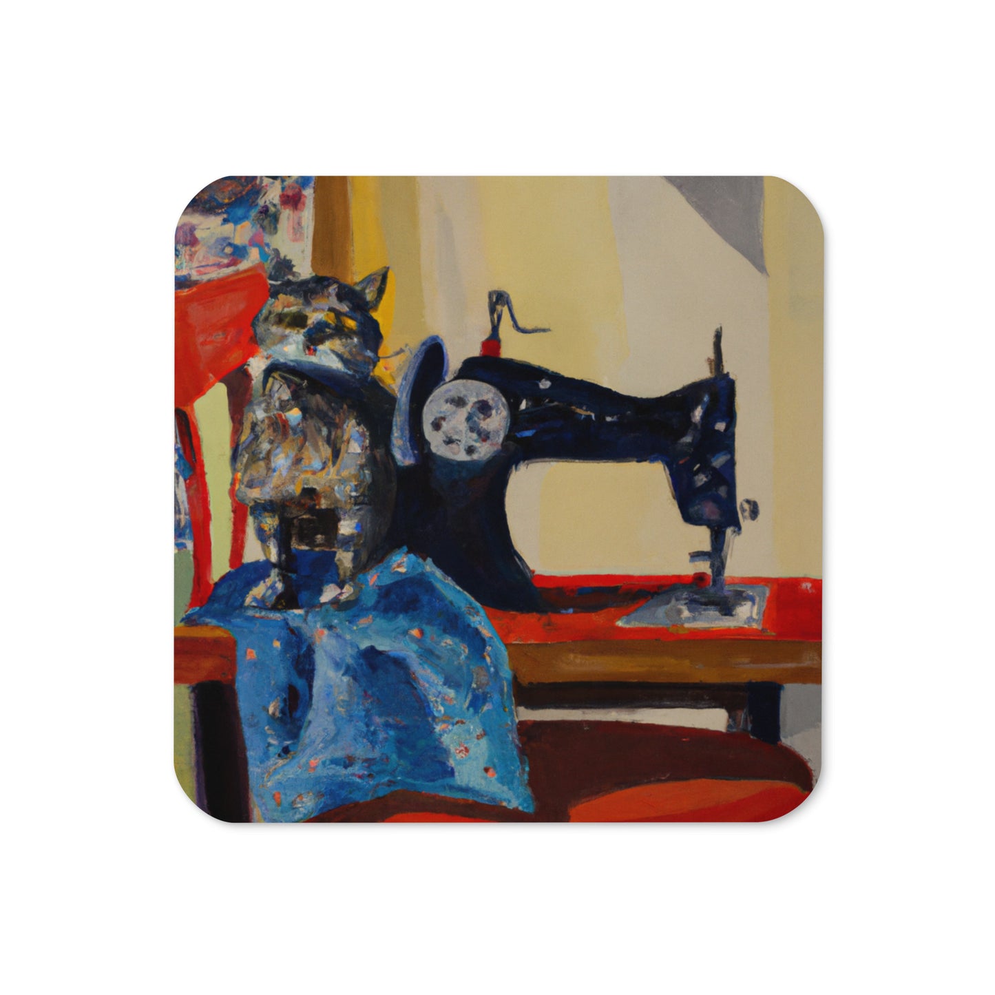 Cork-back Coaster with "Sewing Cat" Graphic - The Perfect Gift for People who Love to Sew