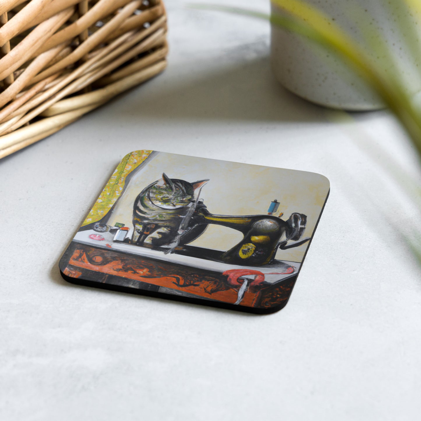 Cork-back Coaster with "Sewing Cat" Graphic - The Perfect Gift for People who Love to Sew