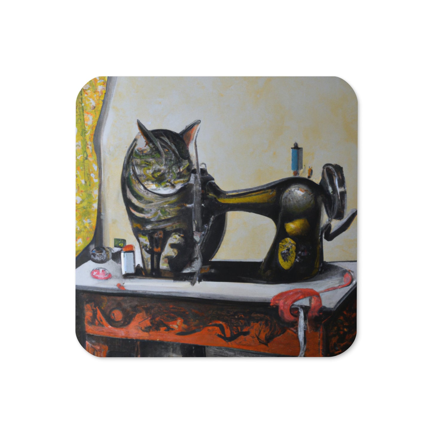 Cork-back Coaster with "Sewing Cat" Graphic - The Perfect Gift for People who Love to Sew
