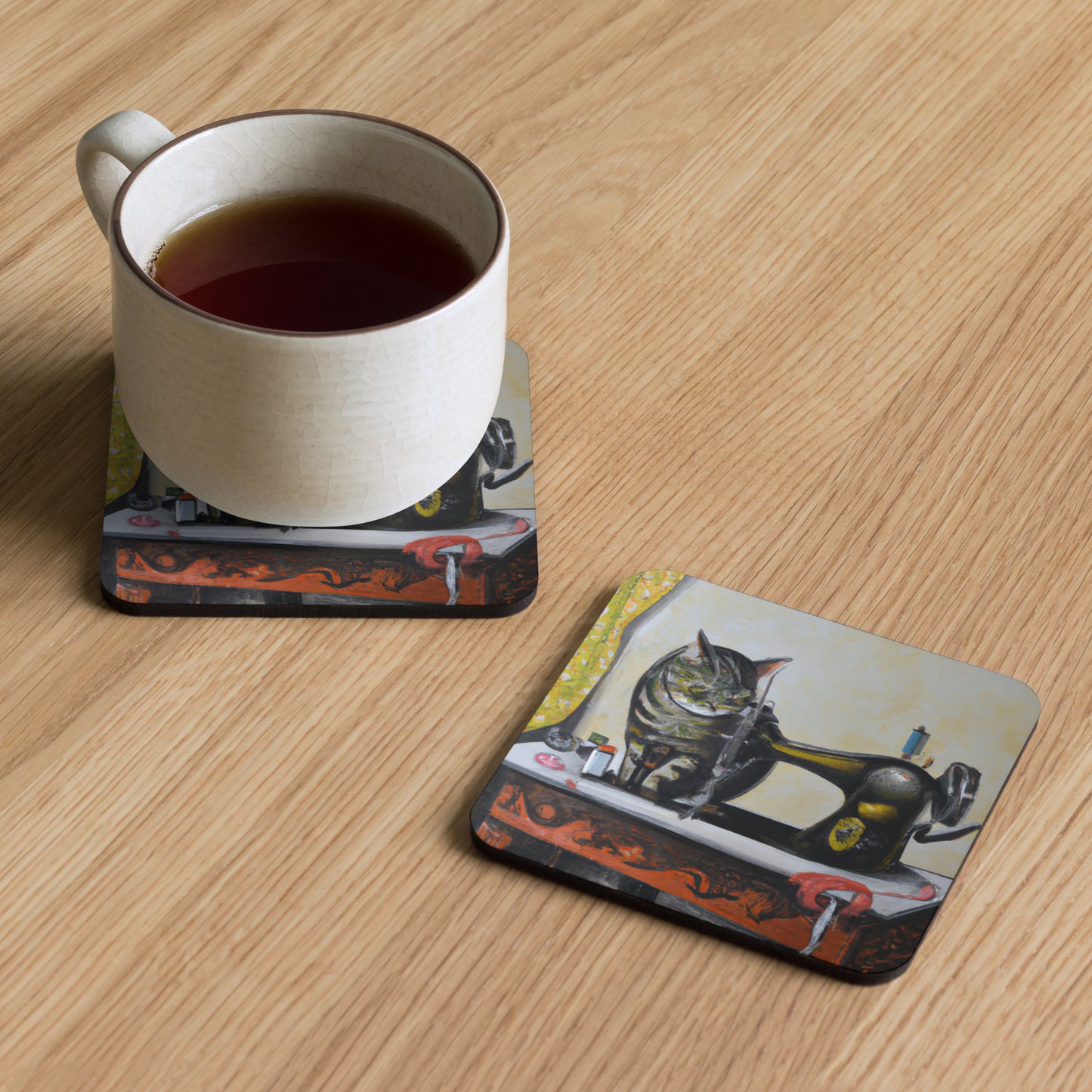 Cork-back Coaster with "Sewing Cat" Graphic - The Perfect Gift for People who Love to Sew