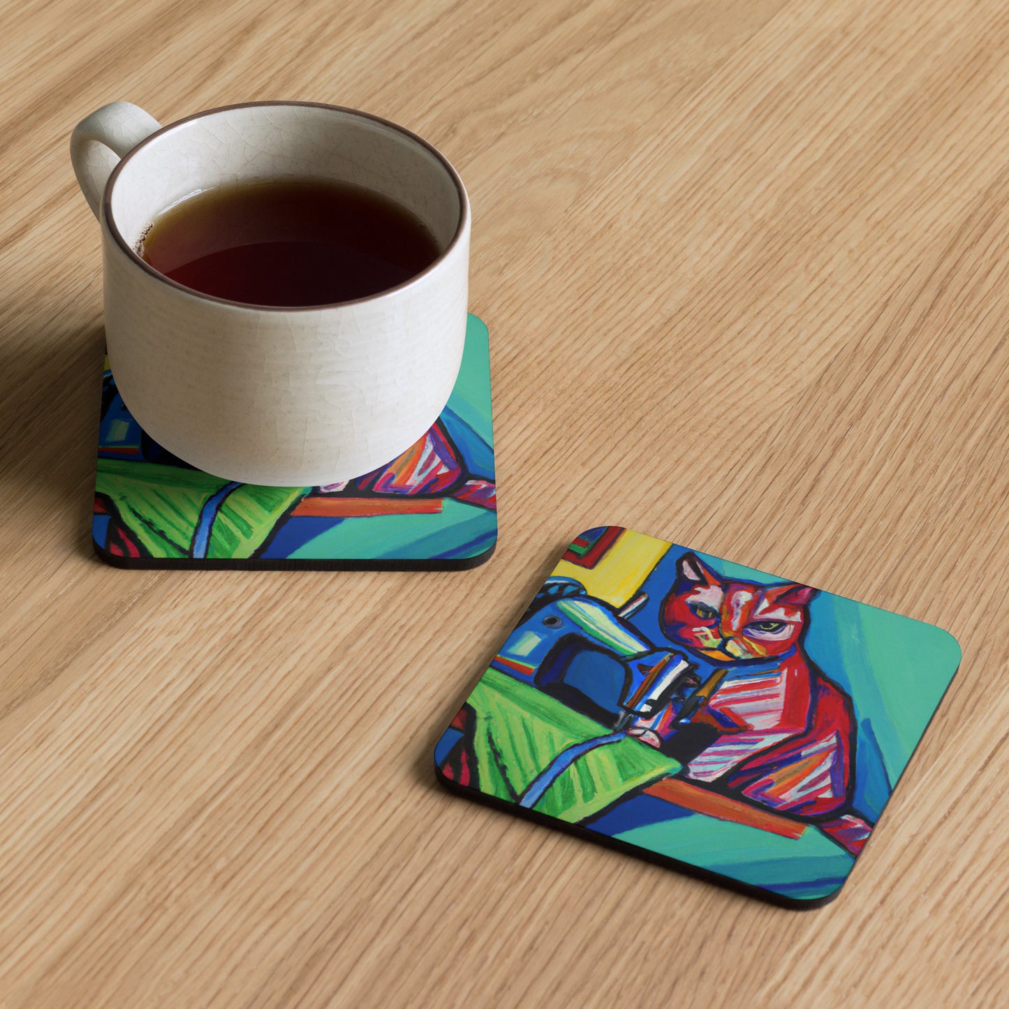 Cork-back Coaster with "Sewing Cat" Graphic - The Perfect Gift for People who Love to Sew