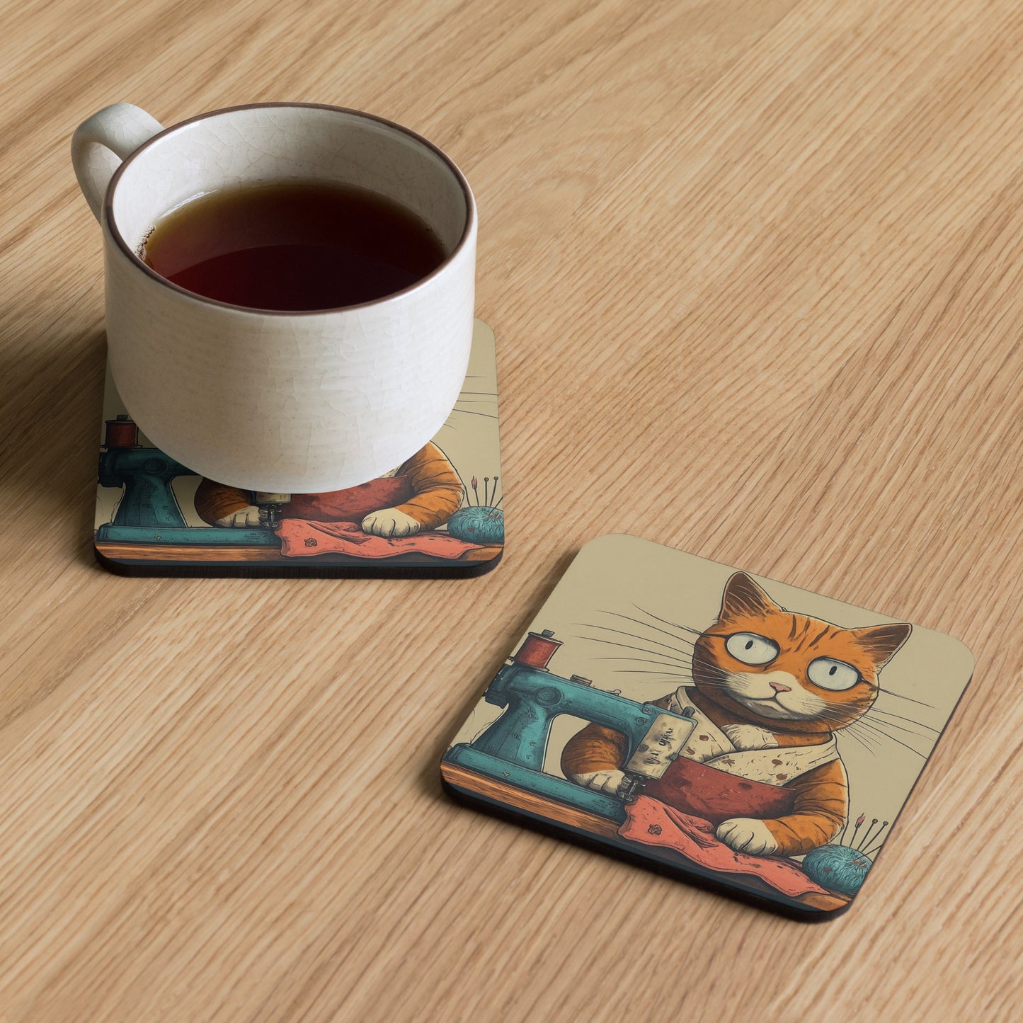Seamstress Cat Print Cork-back Coaster