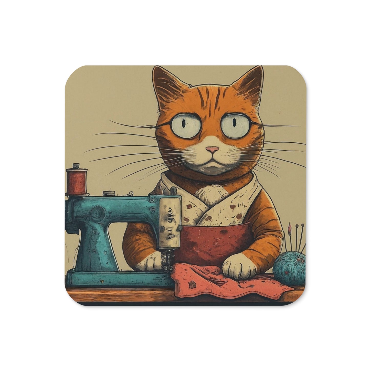 Seamstress Cat Print Cork-back Coaster