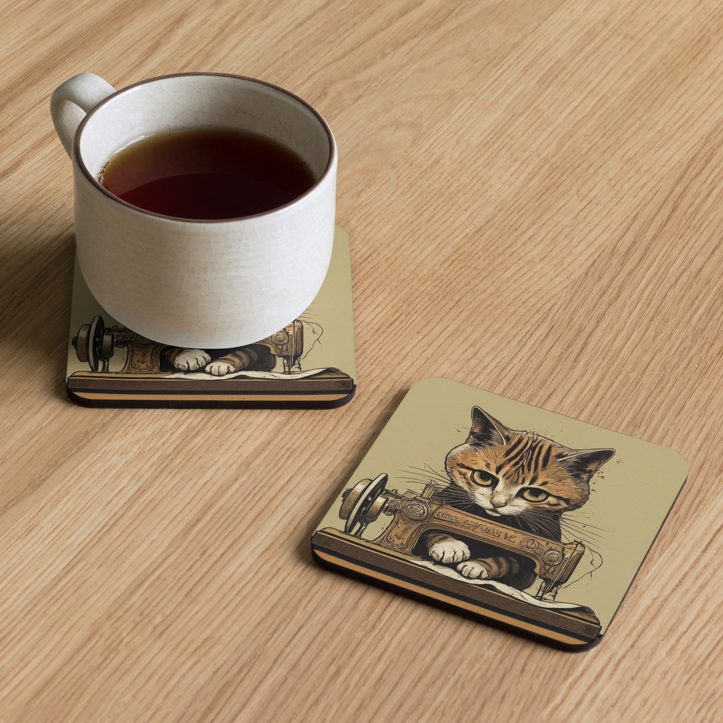 Sewing Cat C2 Print Cork-back Coaster