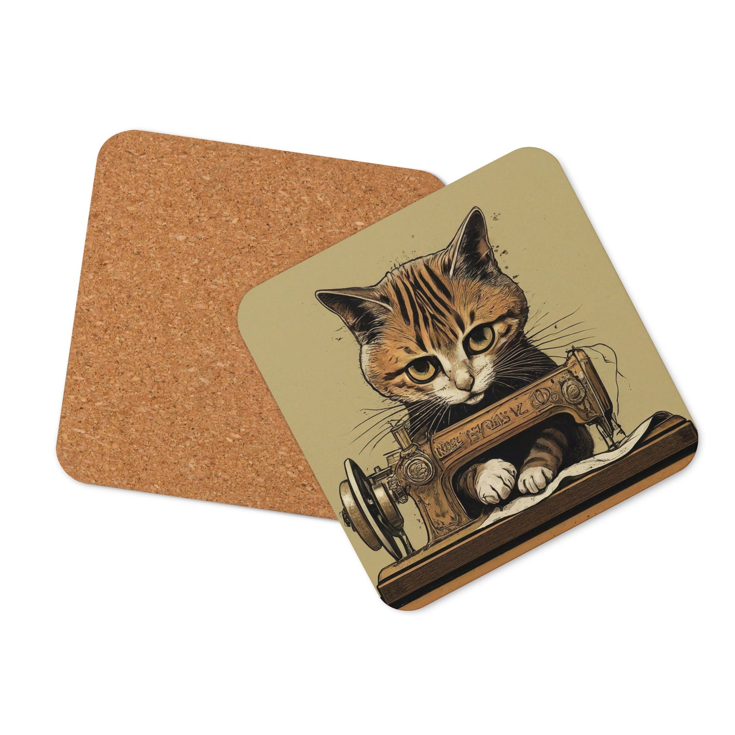 Sewing Cat C2 Print Cork-back Coaster