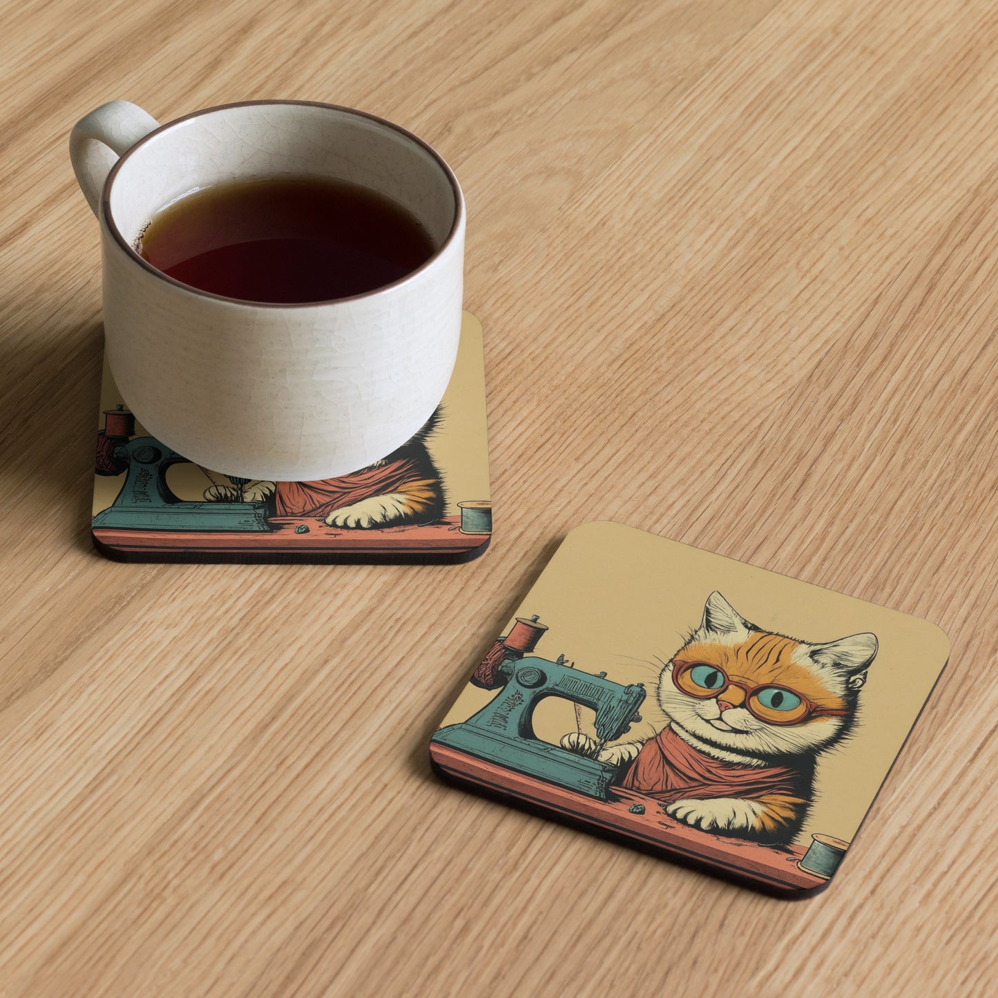 Sewing Cat Print Cork-back Coaster