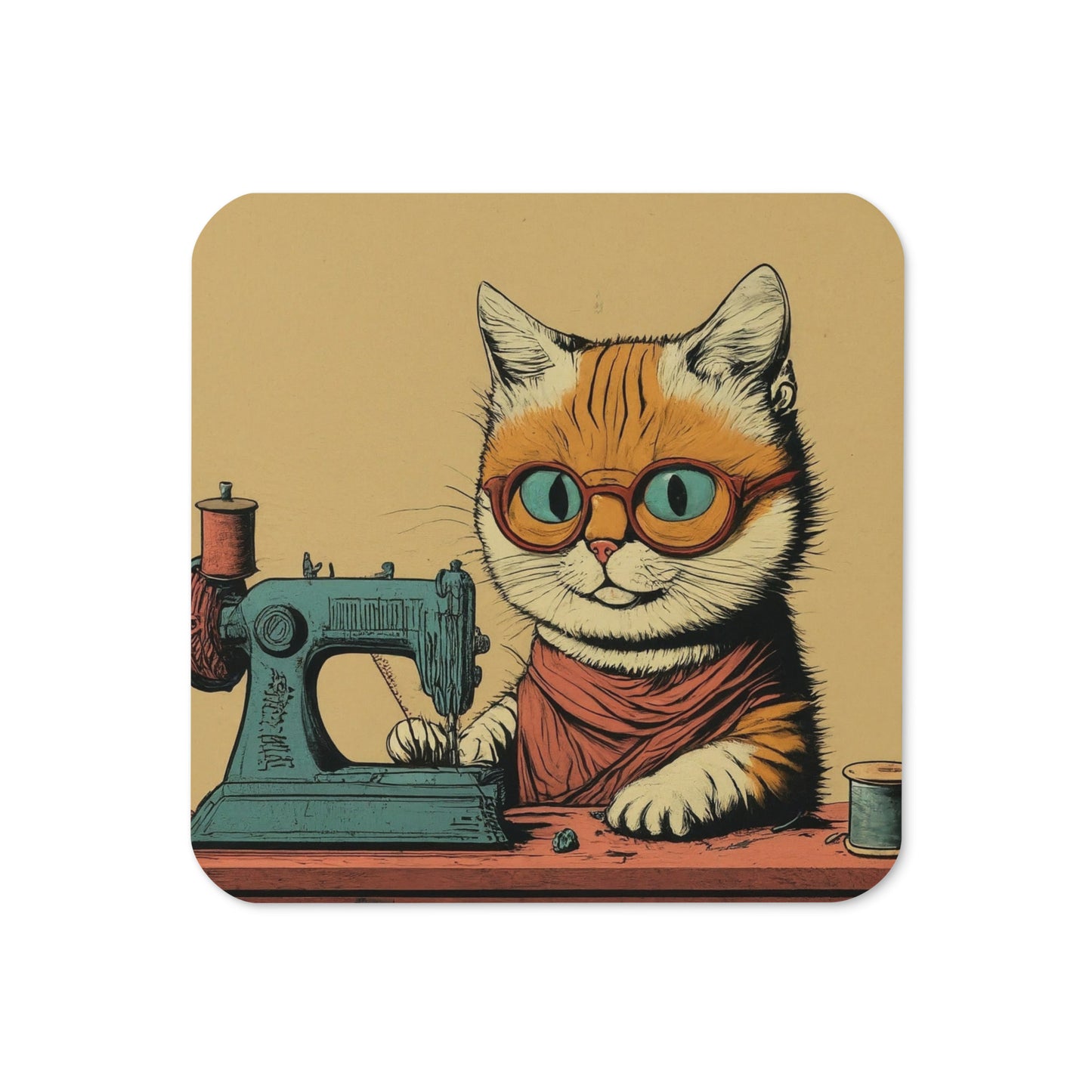 Sewing Cat Print Cork-back Coaster