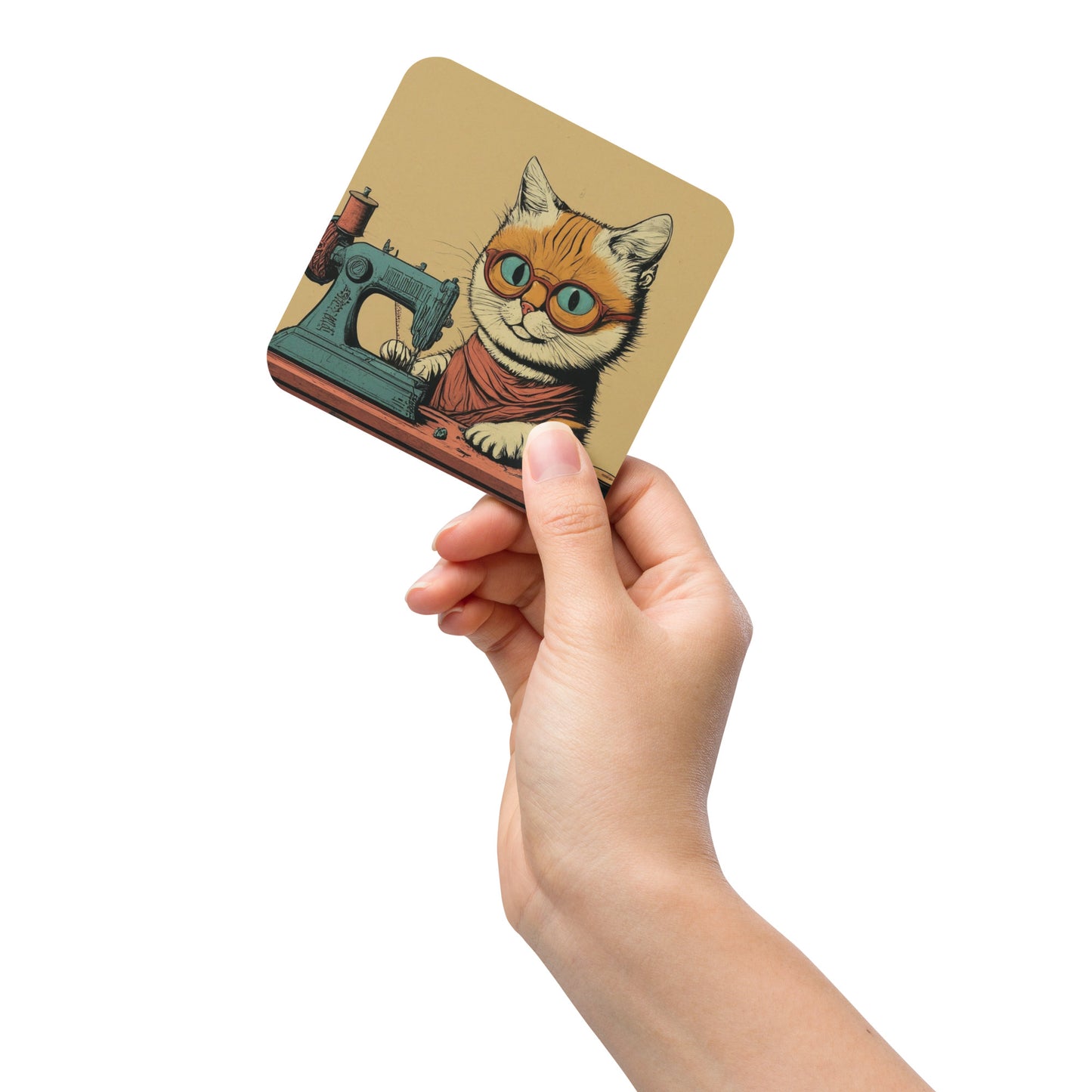 Sewing Cat Print Cork-back Coaster