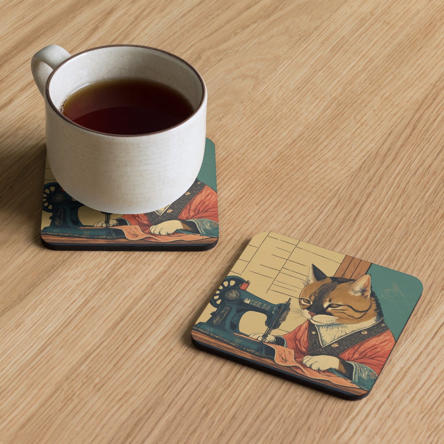 Tailor Cat Print Cork-back Coaster