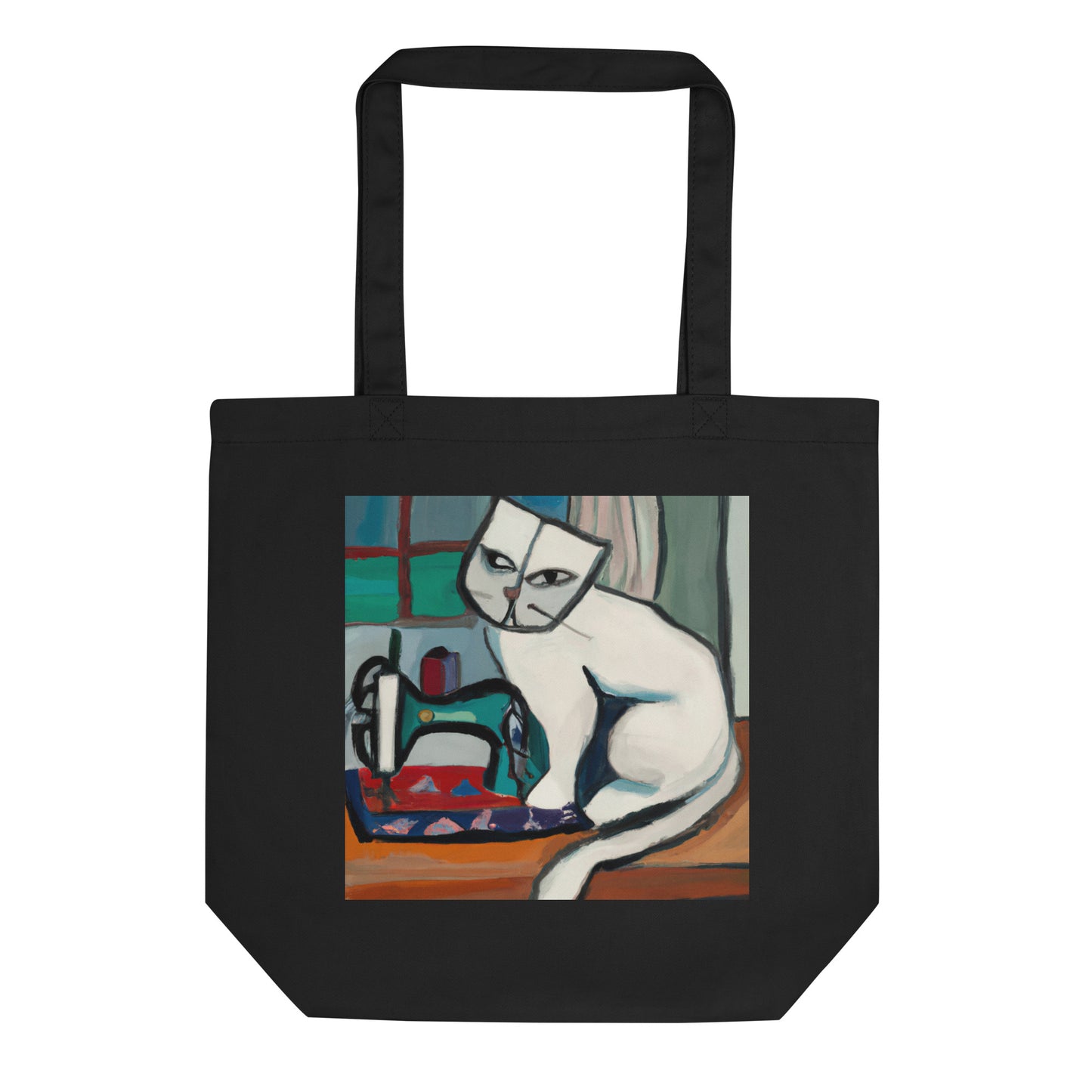 Black Tote Bag with "Sewing Cat" graphic design, the perfect gift for people who sew