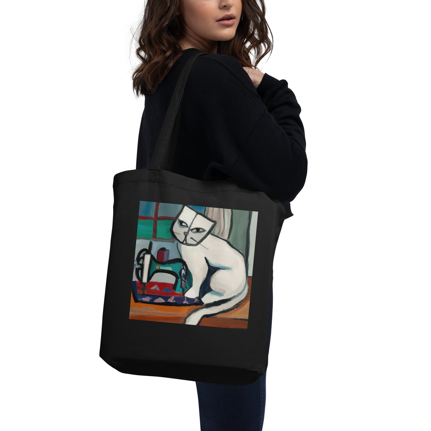 Black Tote Bag with "Sewing Cat" graphic design, the perfect gift for people who sew