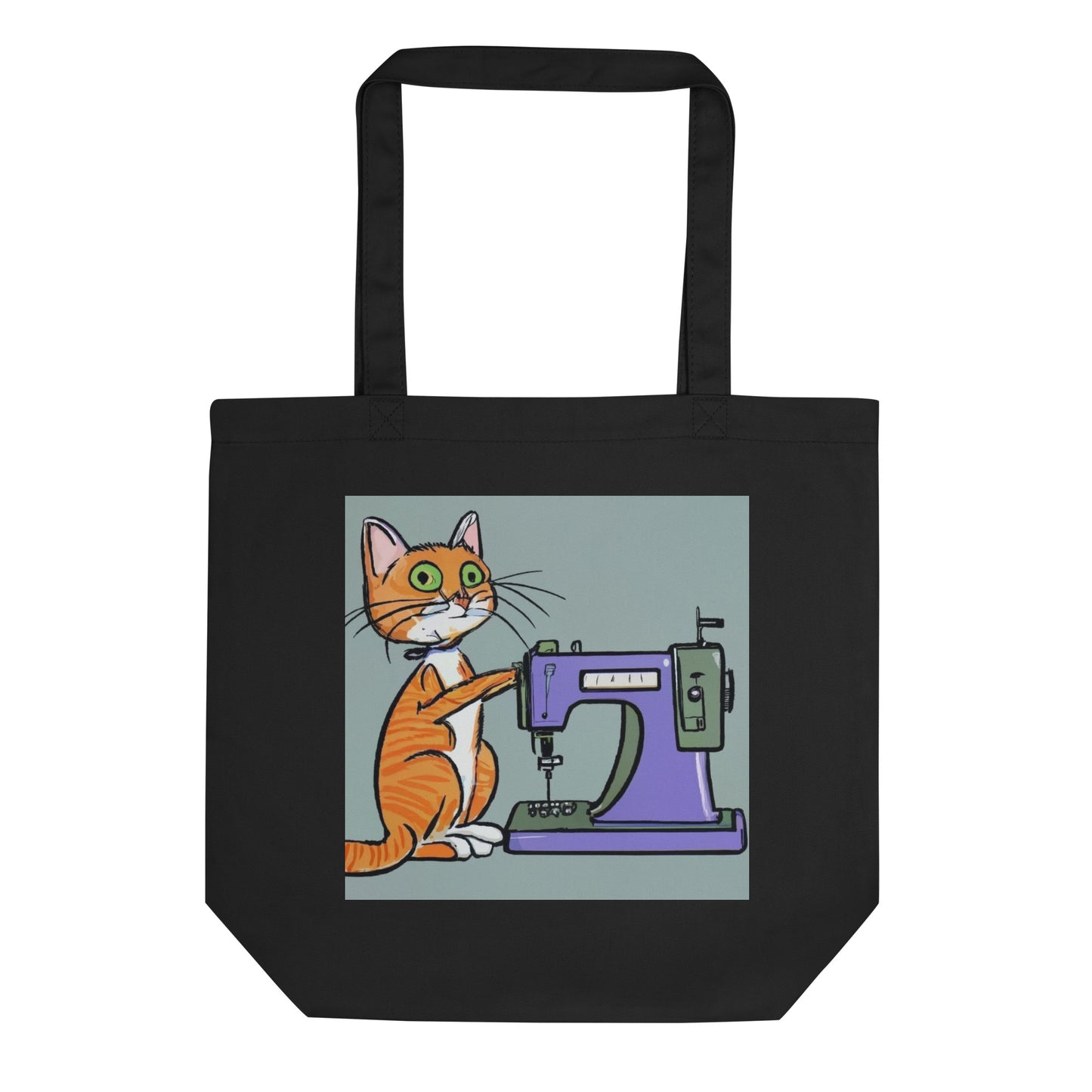 Black Tote Bag with "Sewing Cat" graphic design, the perfect gift for people who sew