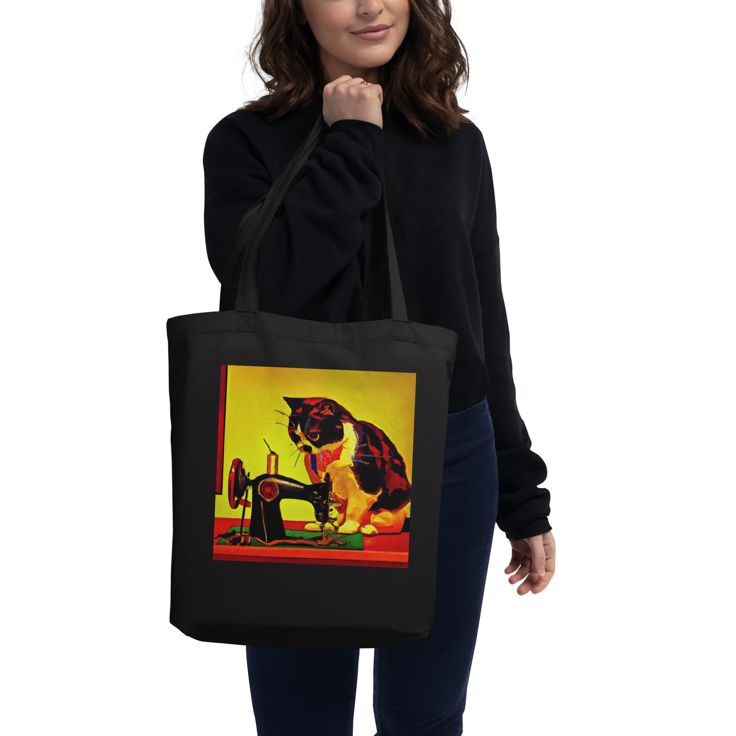 Black Tote Bag with "Sewing Cat" graphic design, the perfect gift for people who sew