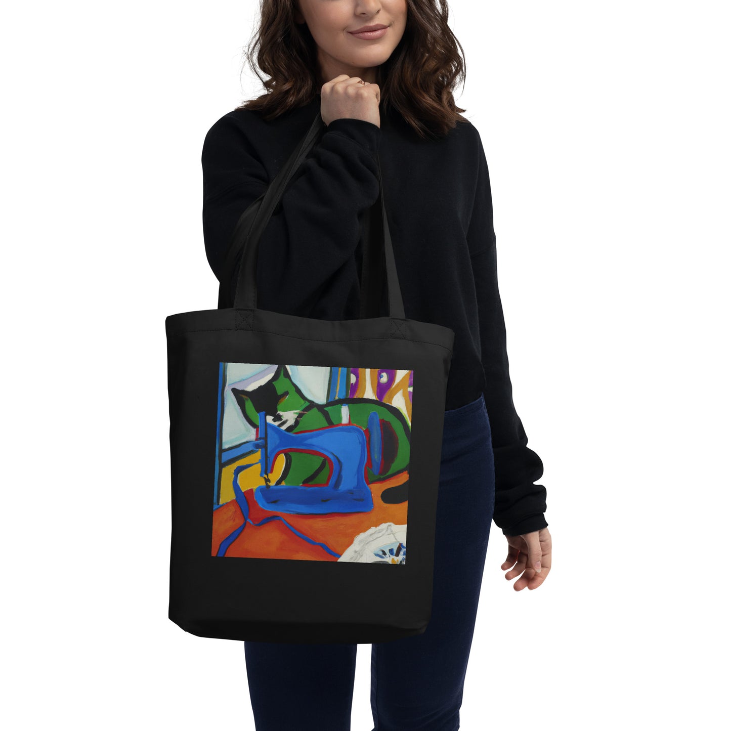 Black Tote Bag with "Sewing Cat" graphic design, the perfect gift for people who sew