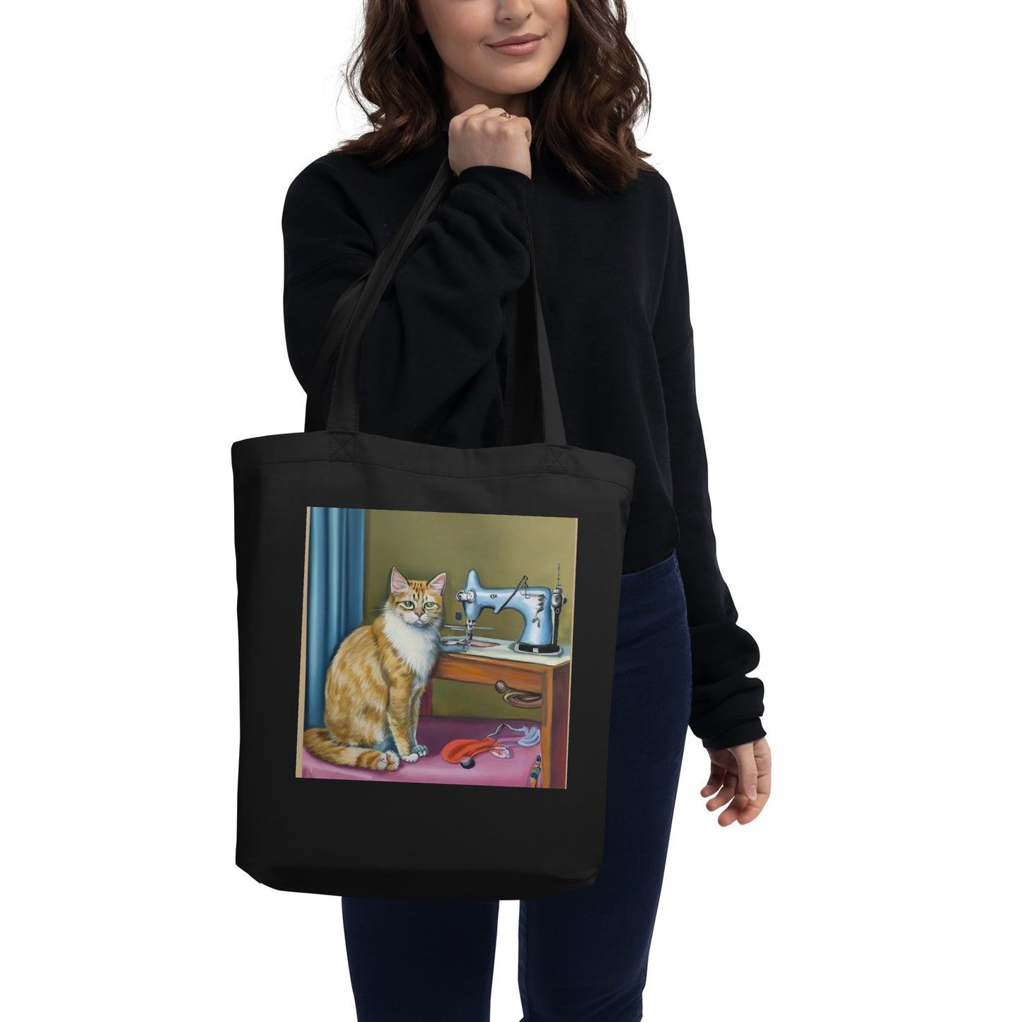 Black Tote Bag with "Sewing Cat" graphic design, the perfect gift for people who sew