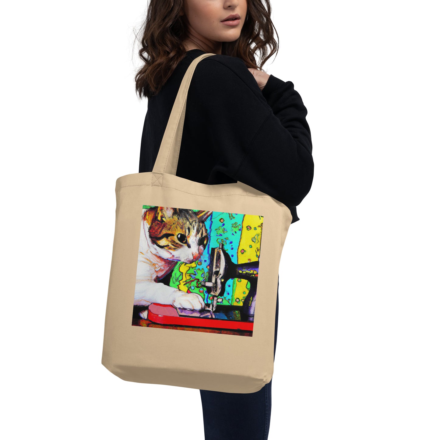 Oyster Tote Bag with "Sewing Cat" graphic design, the perfect gift for people who sew