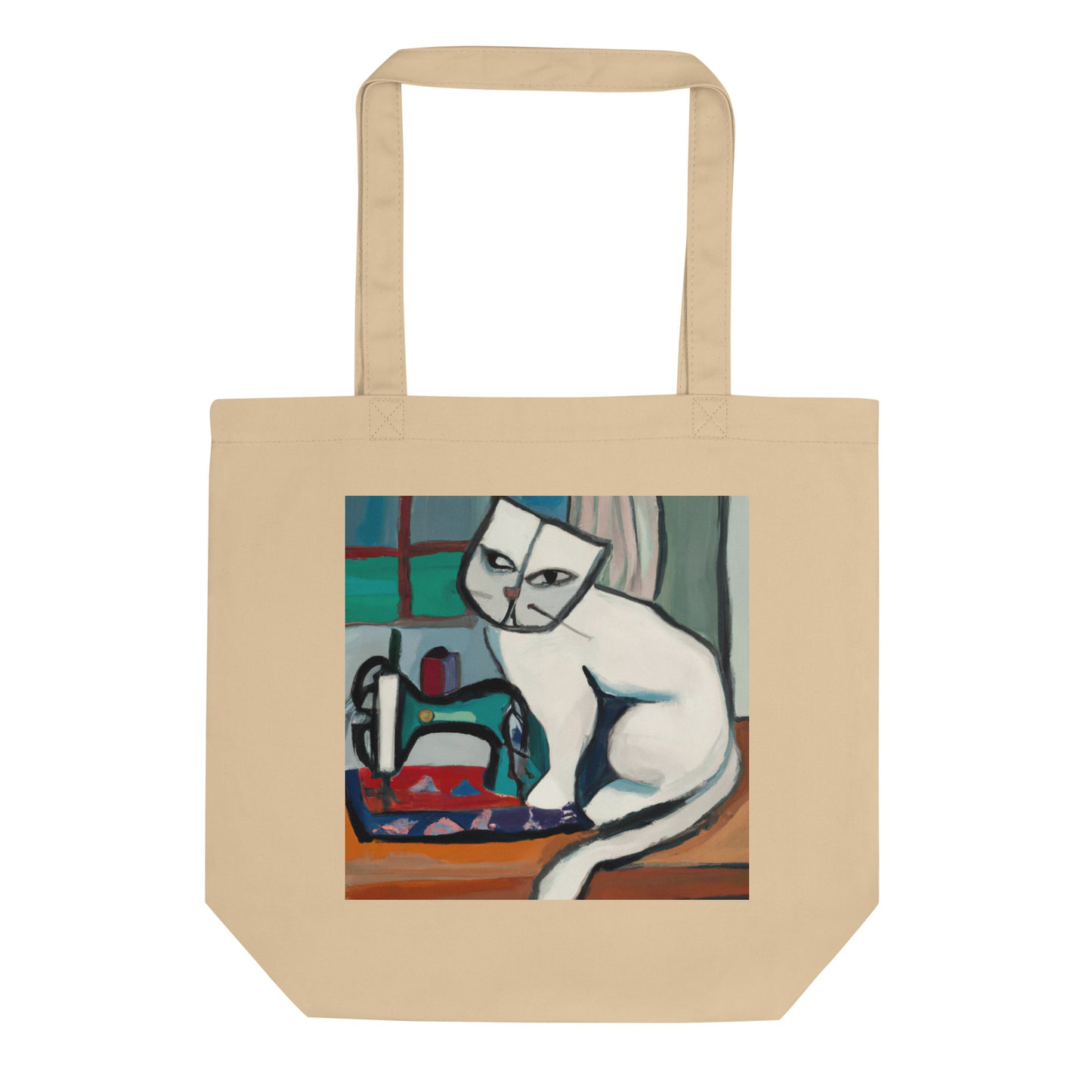 Oyster Tote Bag with "Sewing Cat" graphic design, the perfect gift for people who sew