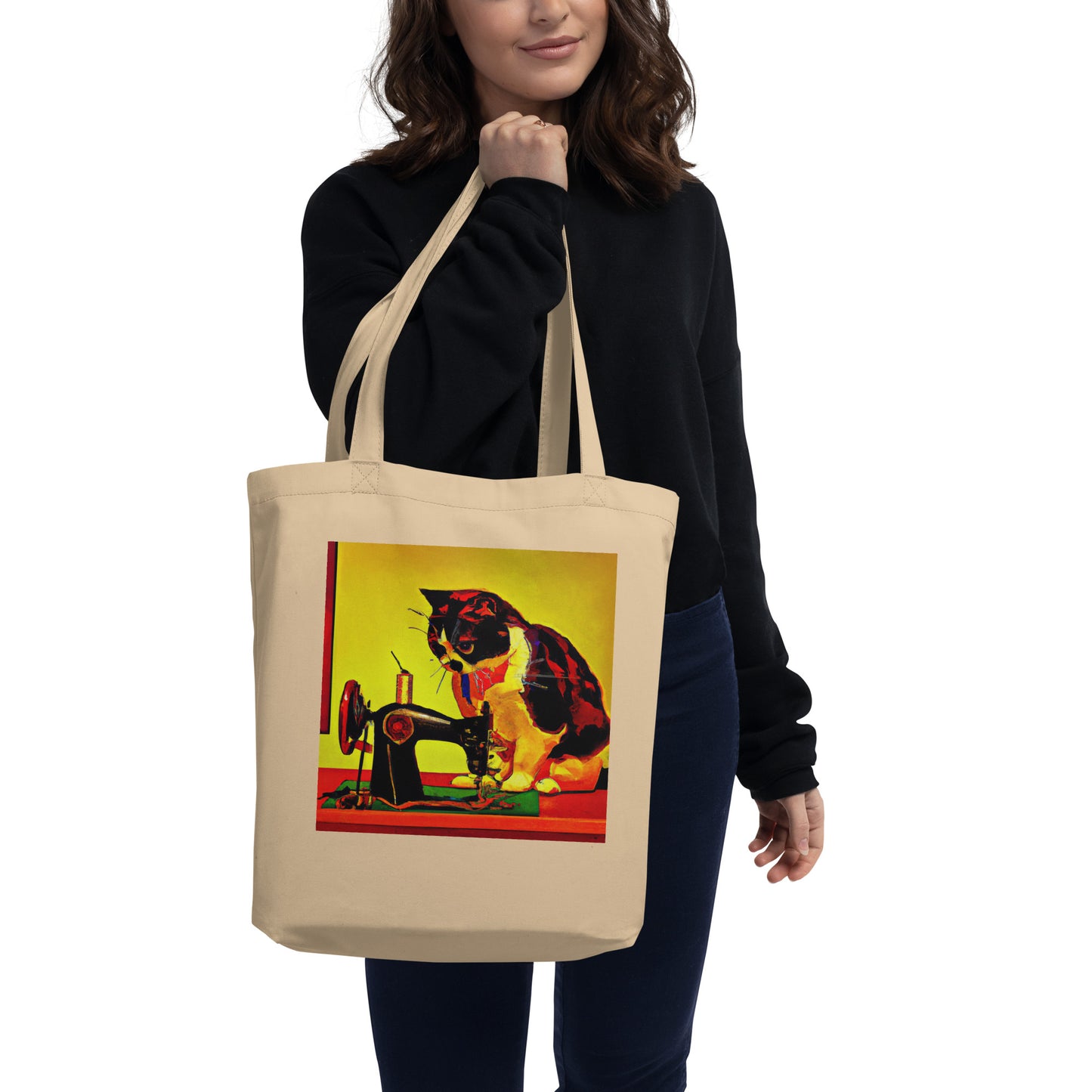 Oyster Tote Bag with "Sewing Cat" graphic design, the perfect gift for people who sew