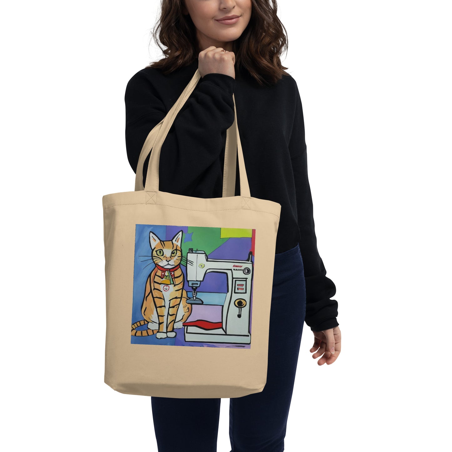 Oyster Tote Bag with "Sewing Cat" graphic design, the perfect gift for people who sew
