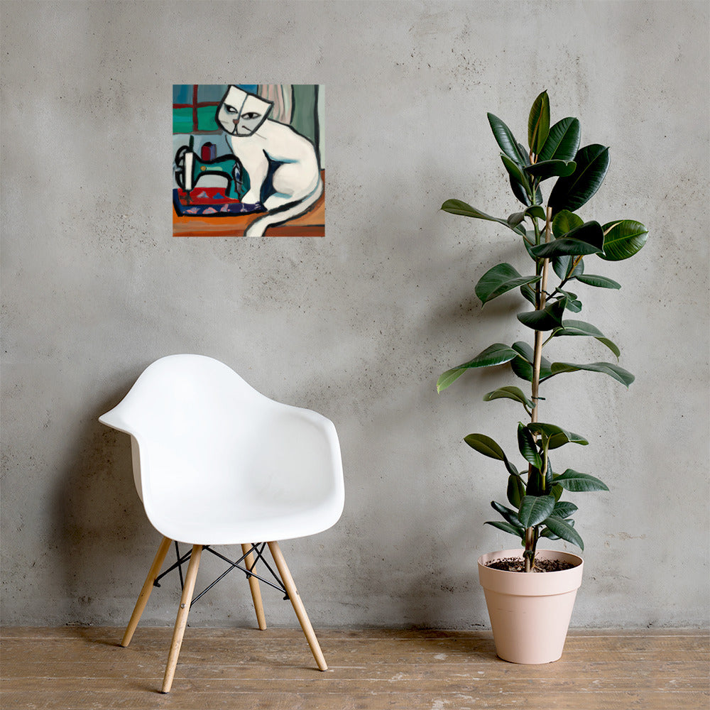 Wall Art Poster with "sewing cat" design - perfect gift for people who love to sew