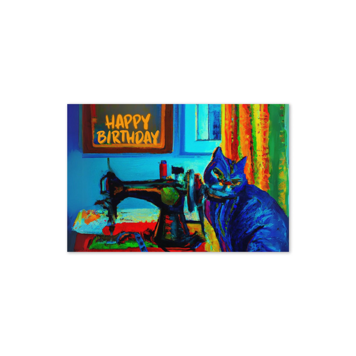 Blue Sewing Cat Birthday Card