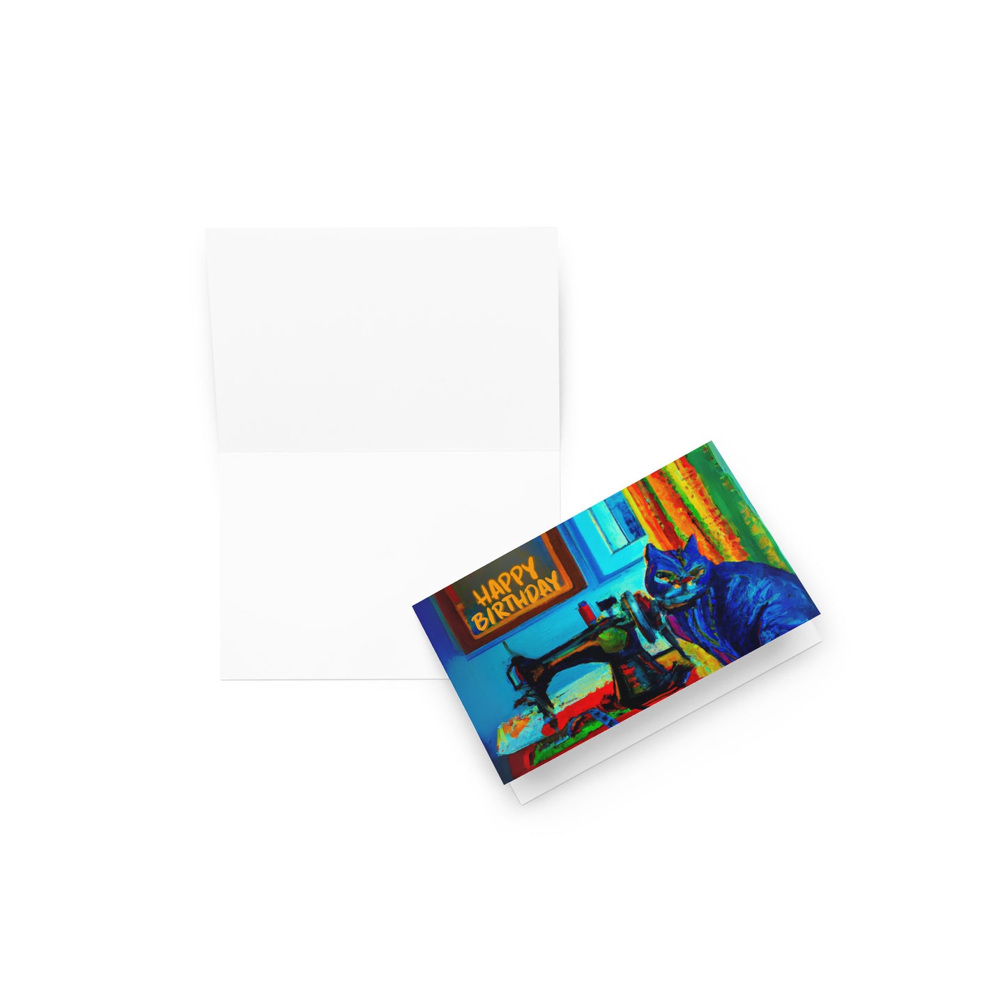 Blue Sewing Cat Birthday Card