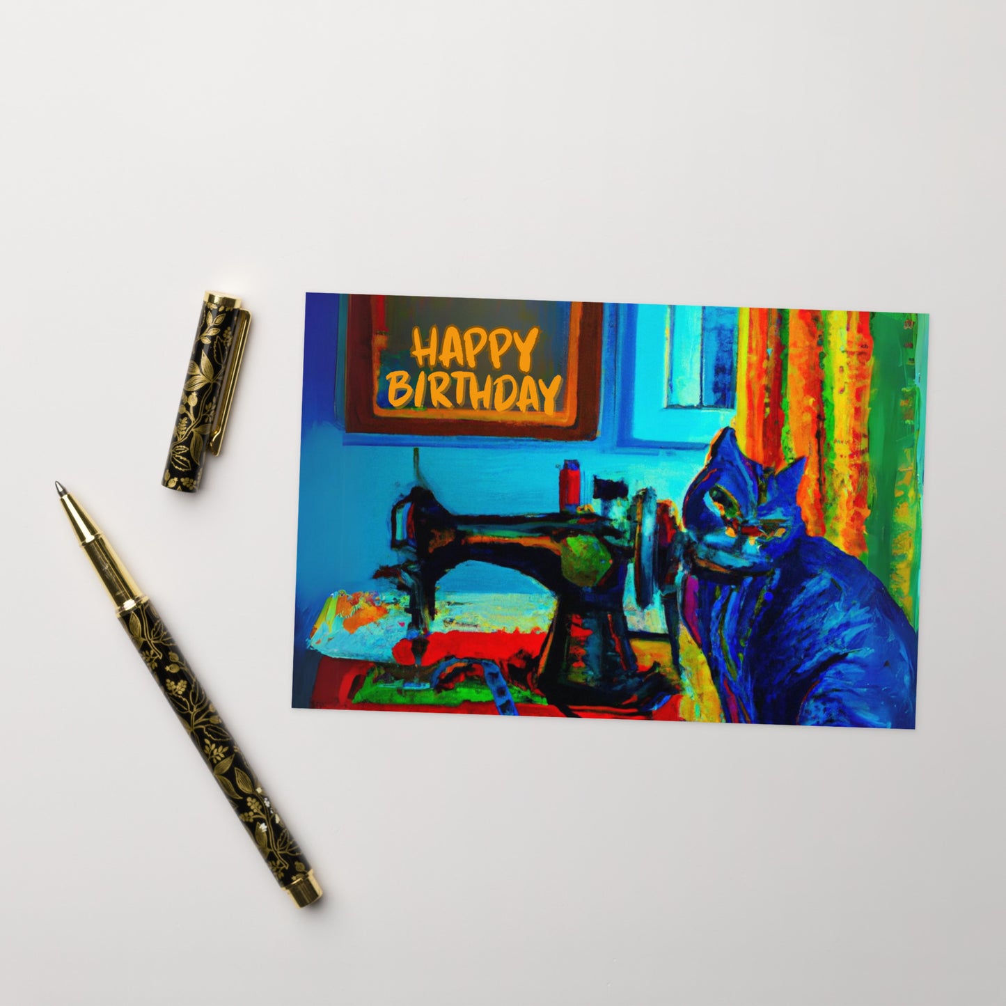 Blue Sewing Cat Birthday Card