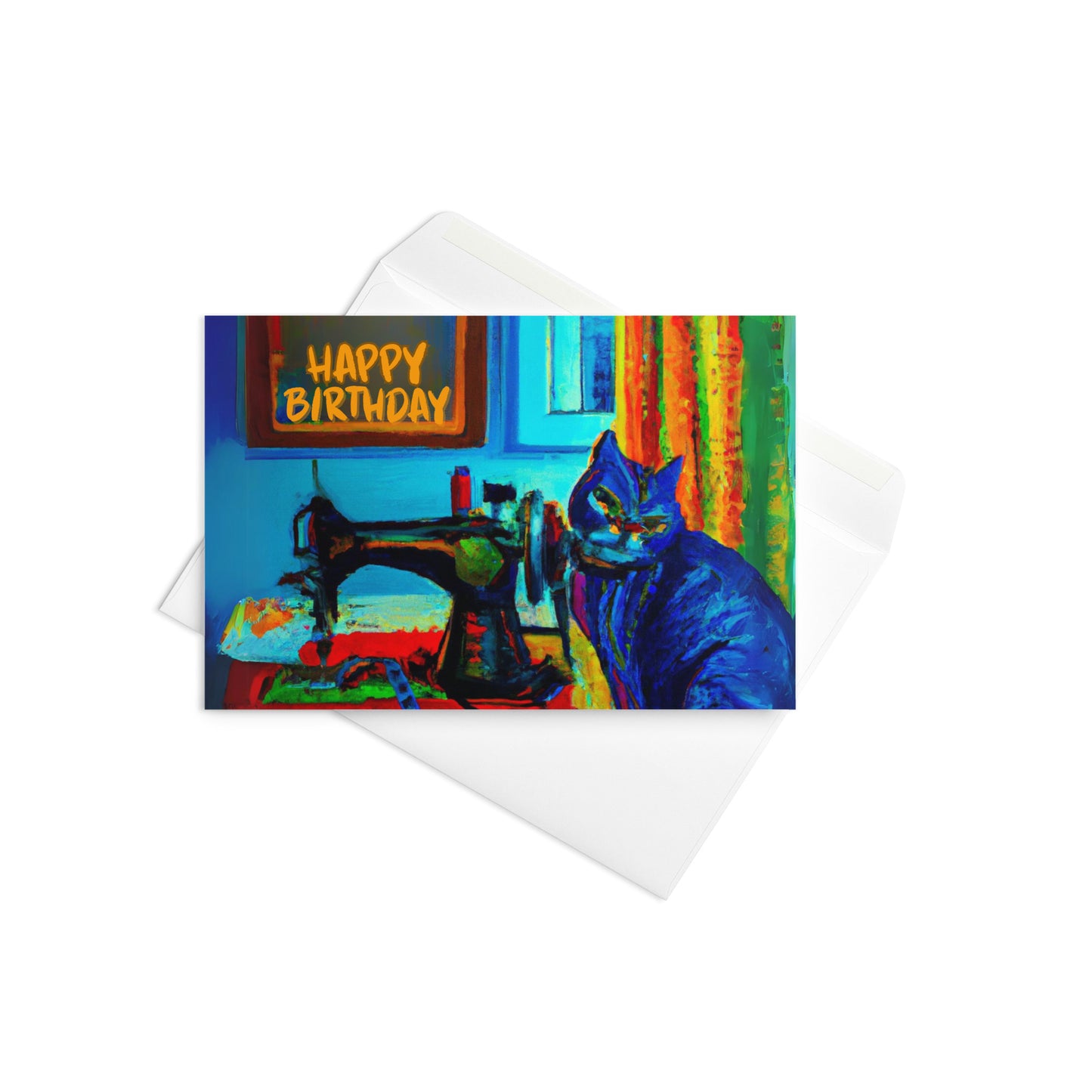 Blue Sewing Cat Birthday Card
