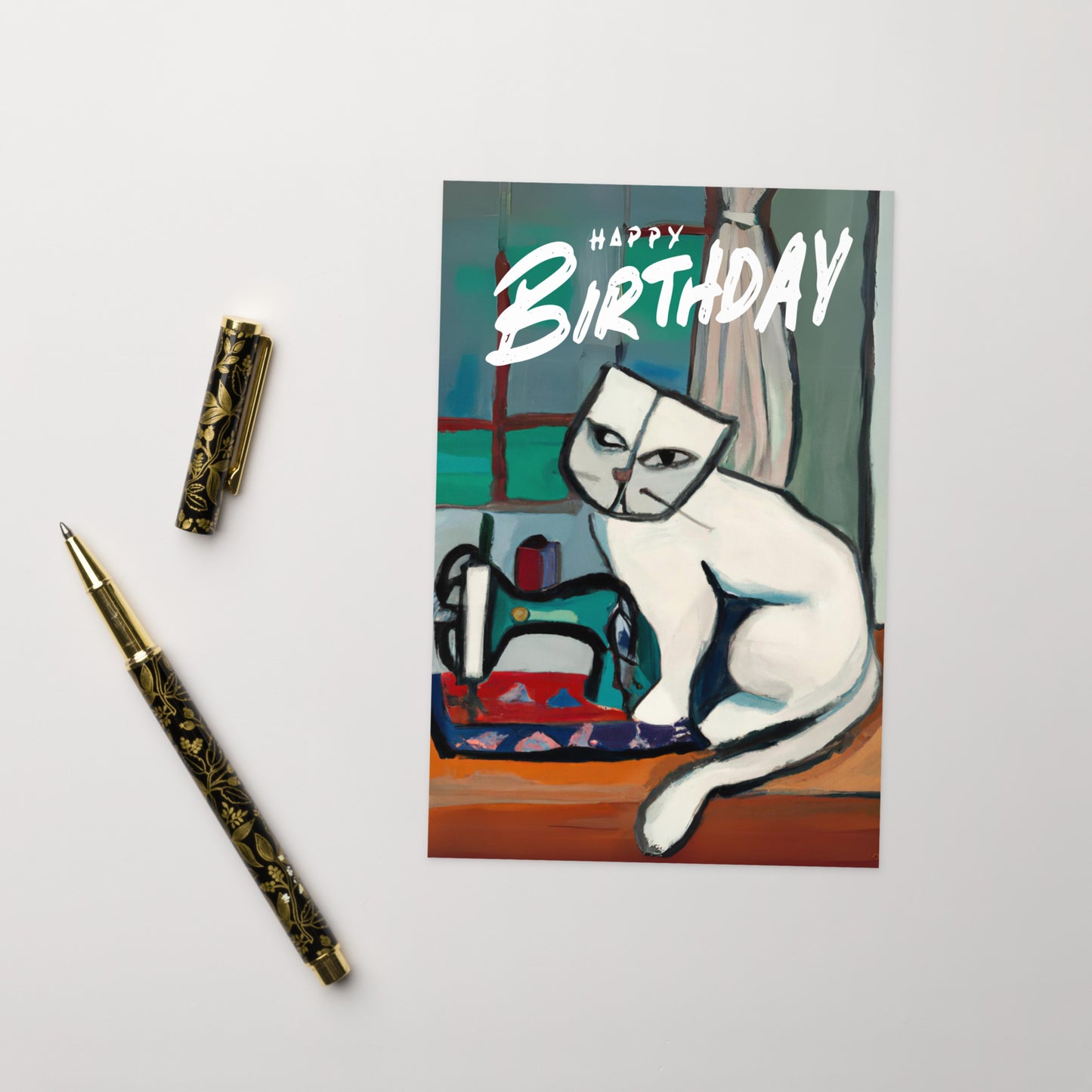 White Sewing Cat Birthday Card