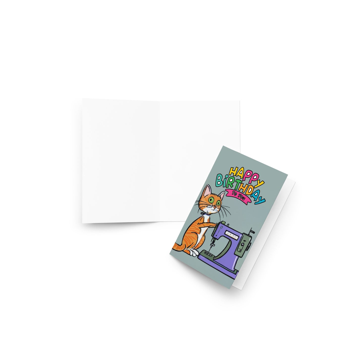 Orange Sewing Cat Birthday Card