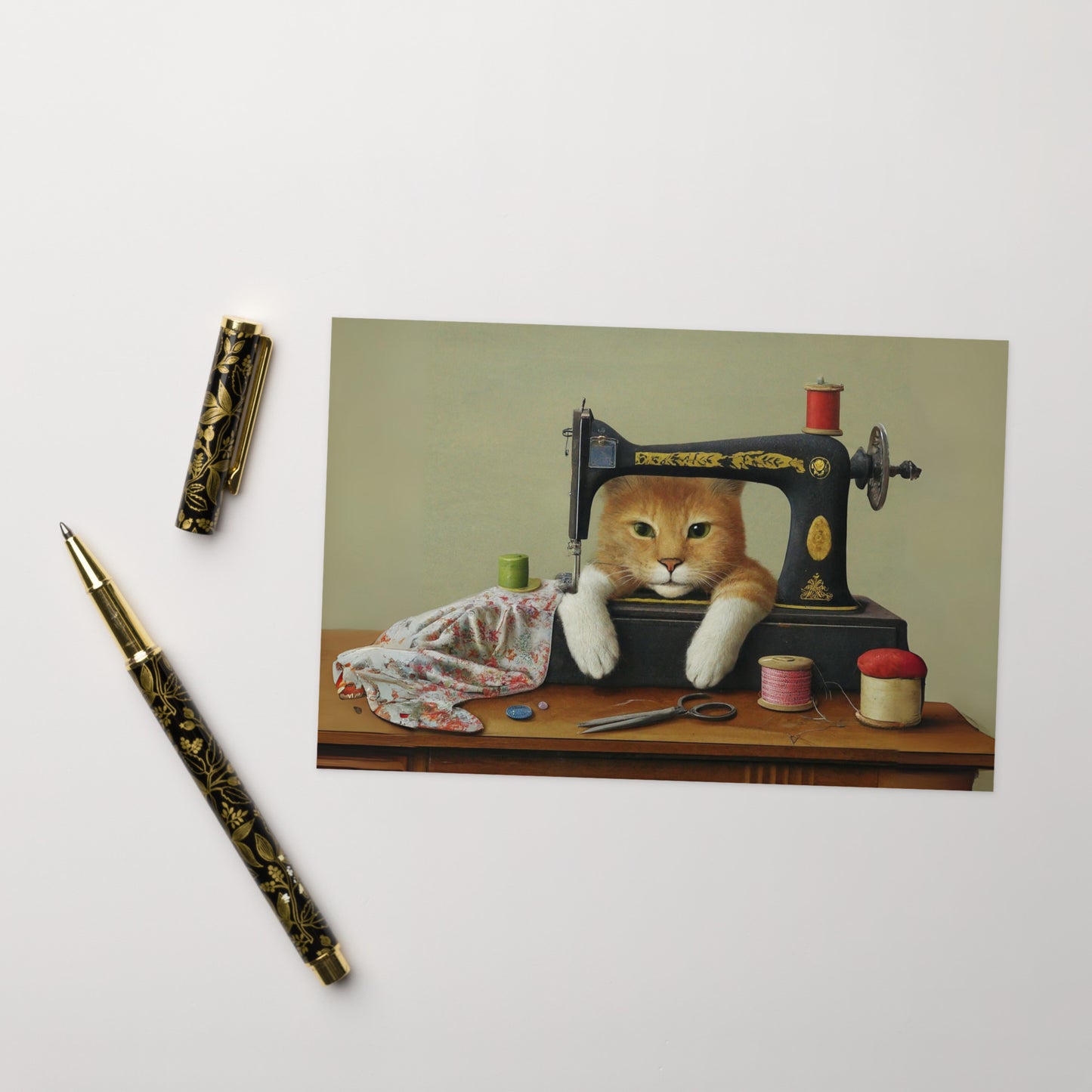 Cute Ginger Sewing Cat Blank Card
