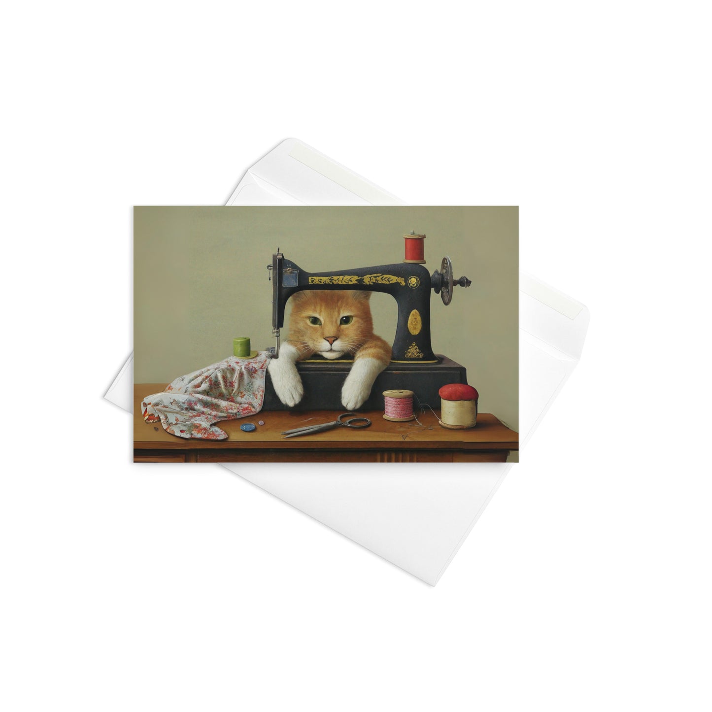 Cute Ginger Sewing Cat Blank Card