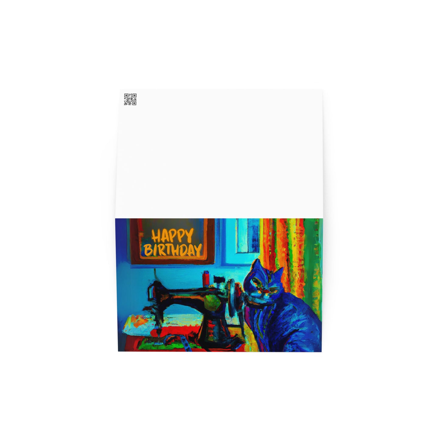Blue Sewing Cat Birthday Card