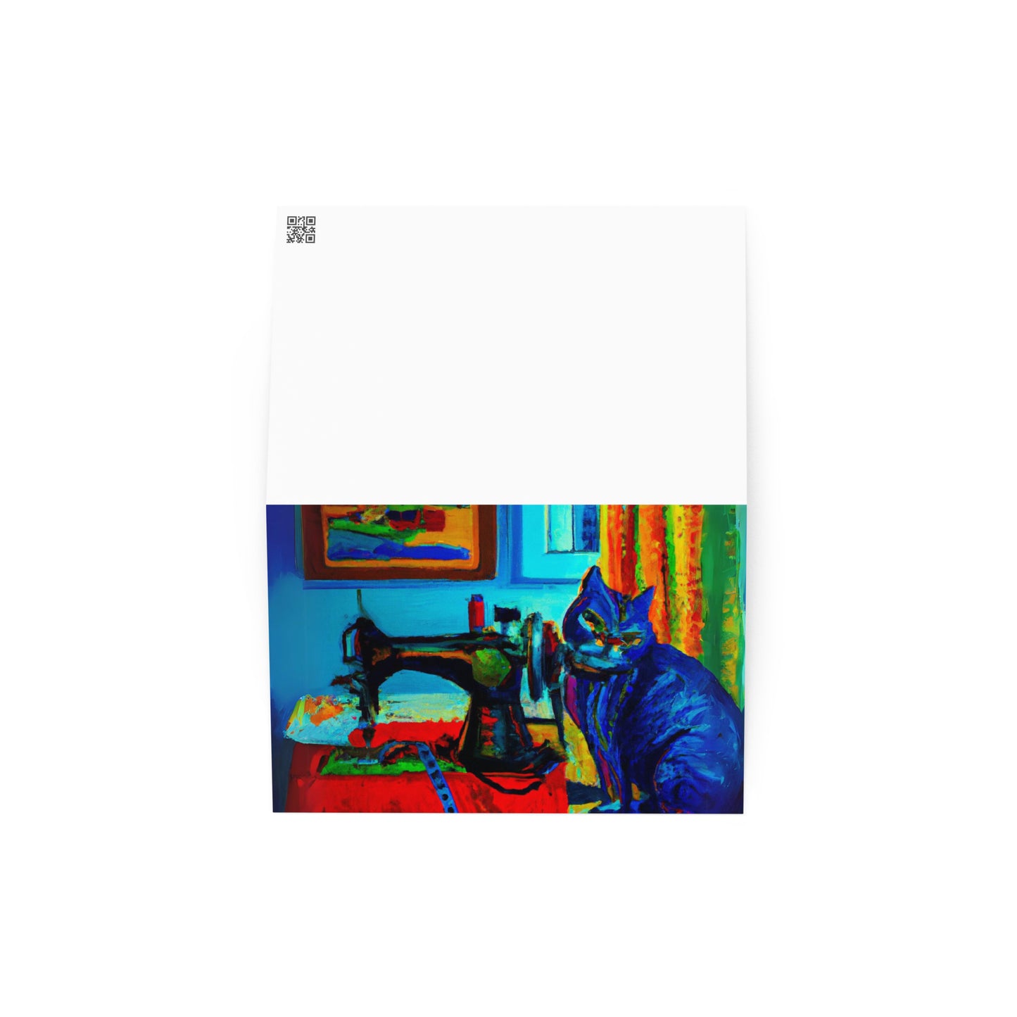 Blue Sewing Cat Blank card