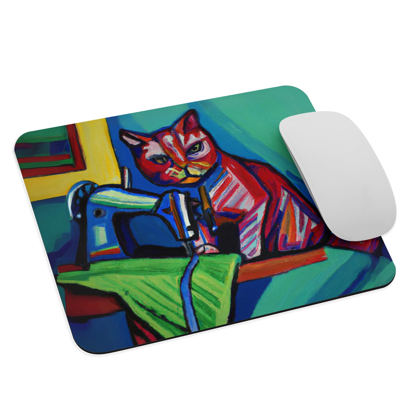 Artistic Mouse Pad with "Sewing Cat" Graphic Design, the perfect gift for people who love to sew