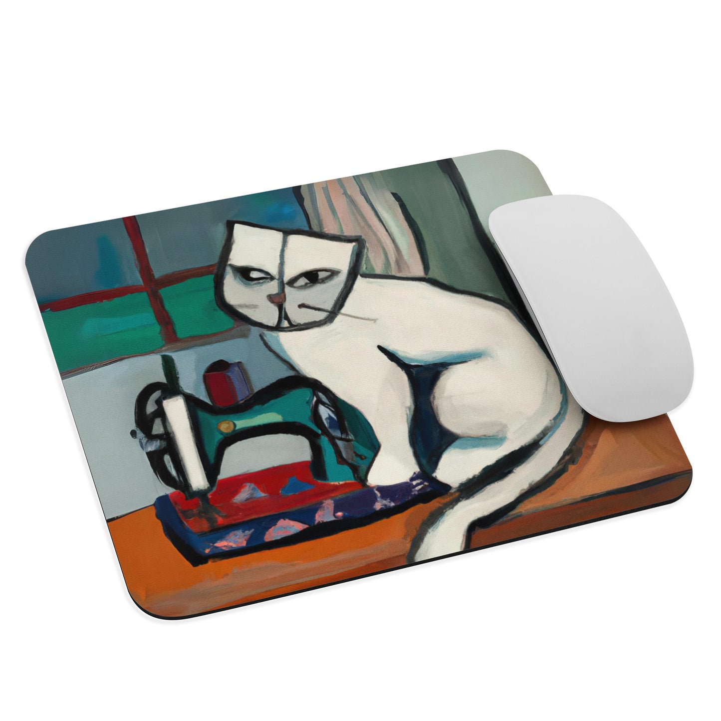 Artistic Mouse Pad with "Sewing Cat" Graphic Design, the perfect gift for people who love to sew