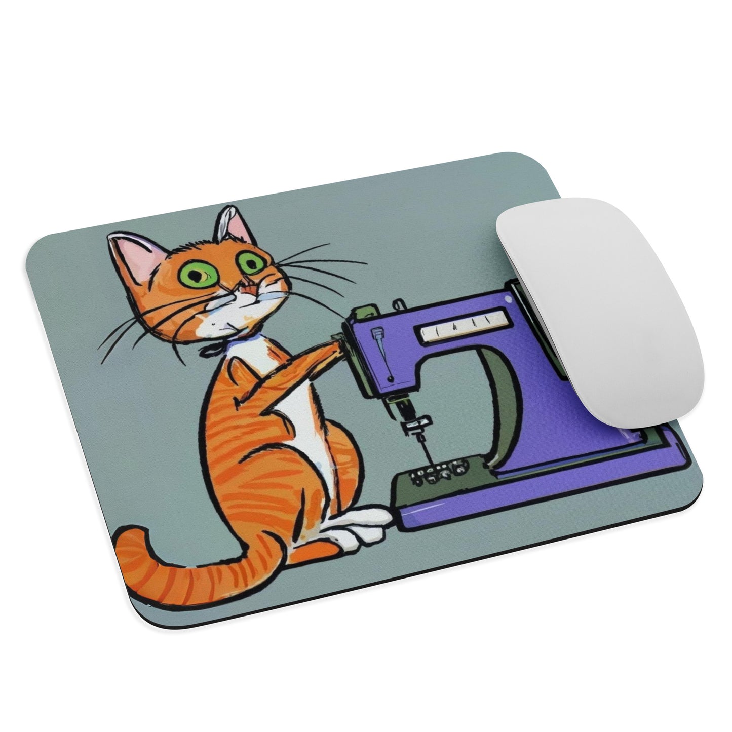 Artistic Mouse Pad with "Sewing Cat" Graphic Design, the perfect gift for people who love to sew