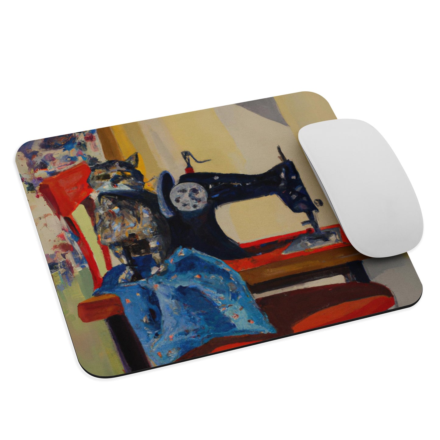 Artistic Mouse Pad with "Sewing Cat" Graphic Design, the perfect gift for people who love to sew