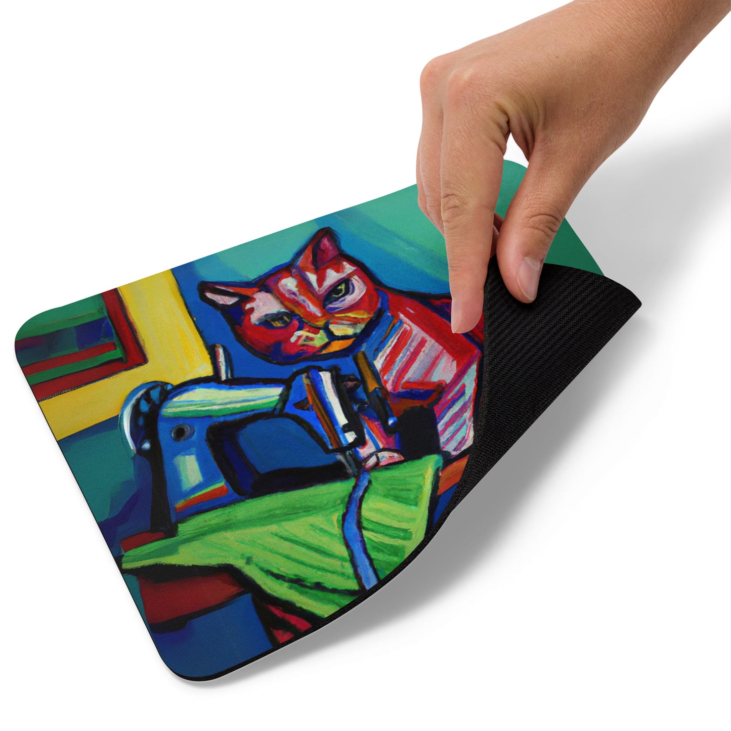 Artistic Mouse Pad with "Sewing Cat" Graphic Design, the perfect gift for people who love to sew