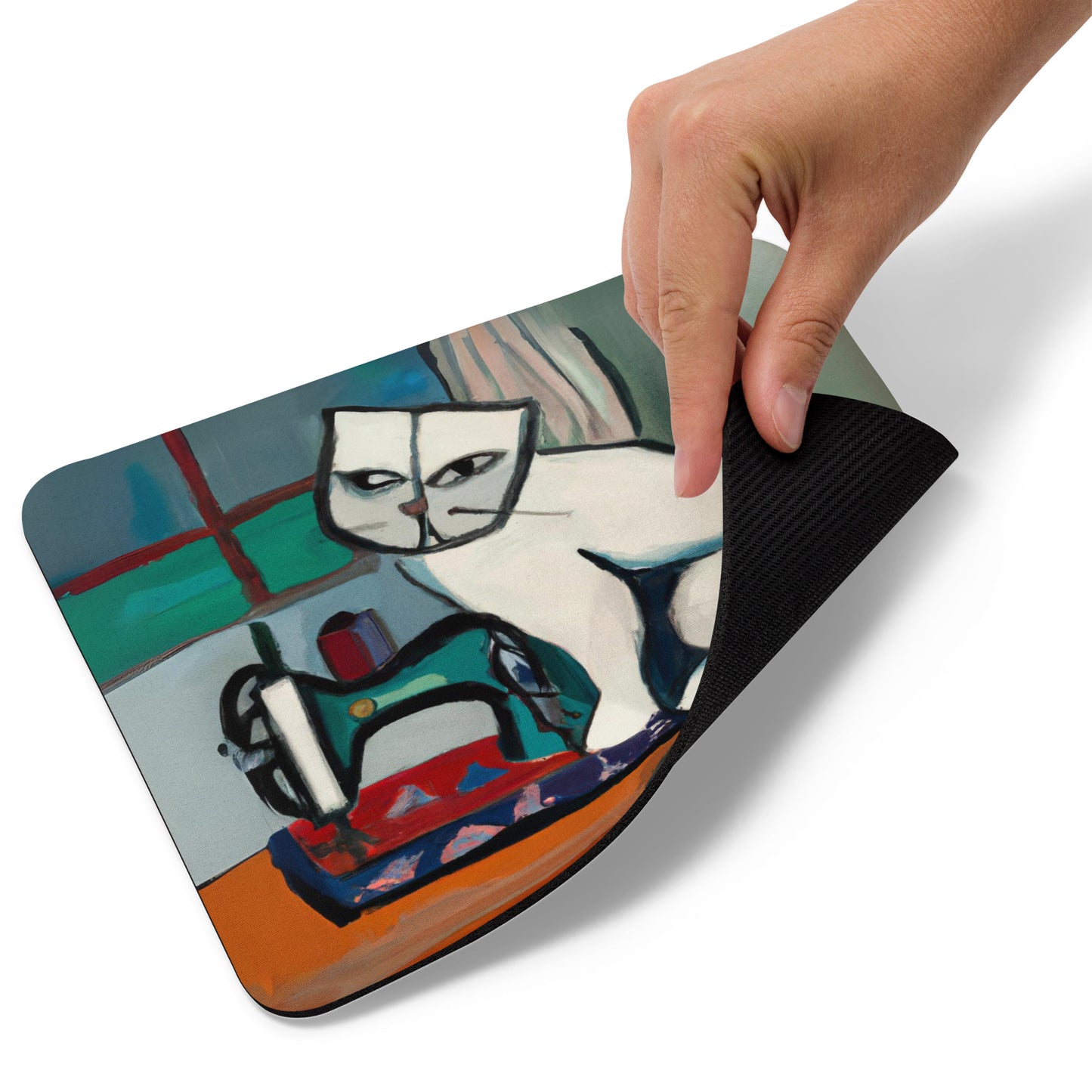 Artistic Mouse Pad with "Sewing Cat" Graphic Design, the perfect gift for people who love to sew