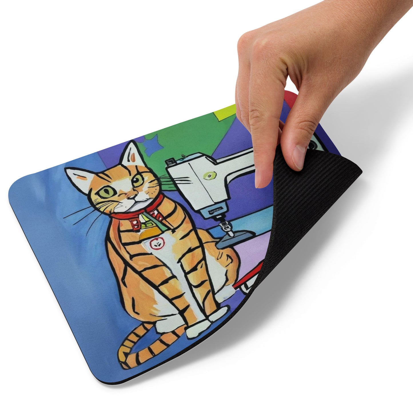 Artistic Mouse Pad with "Sewing Cat" Graphic Design, the perfect gift for people who love to sew