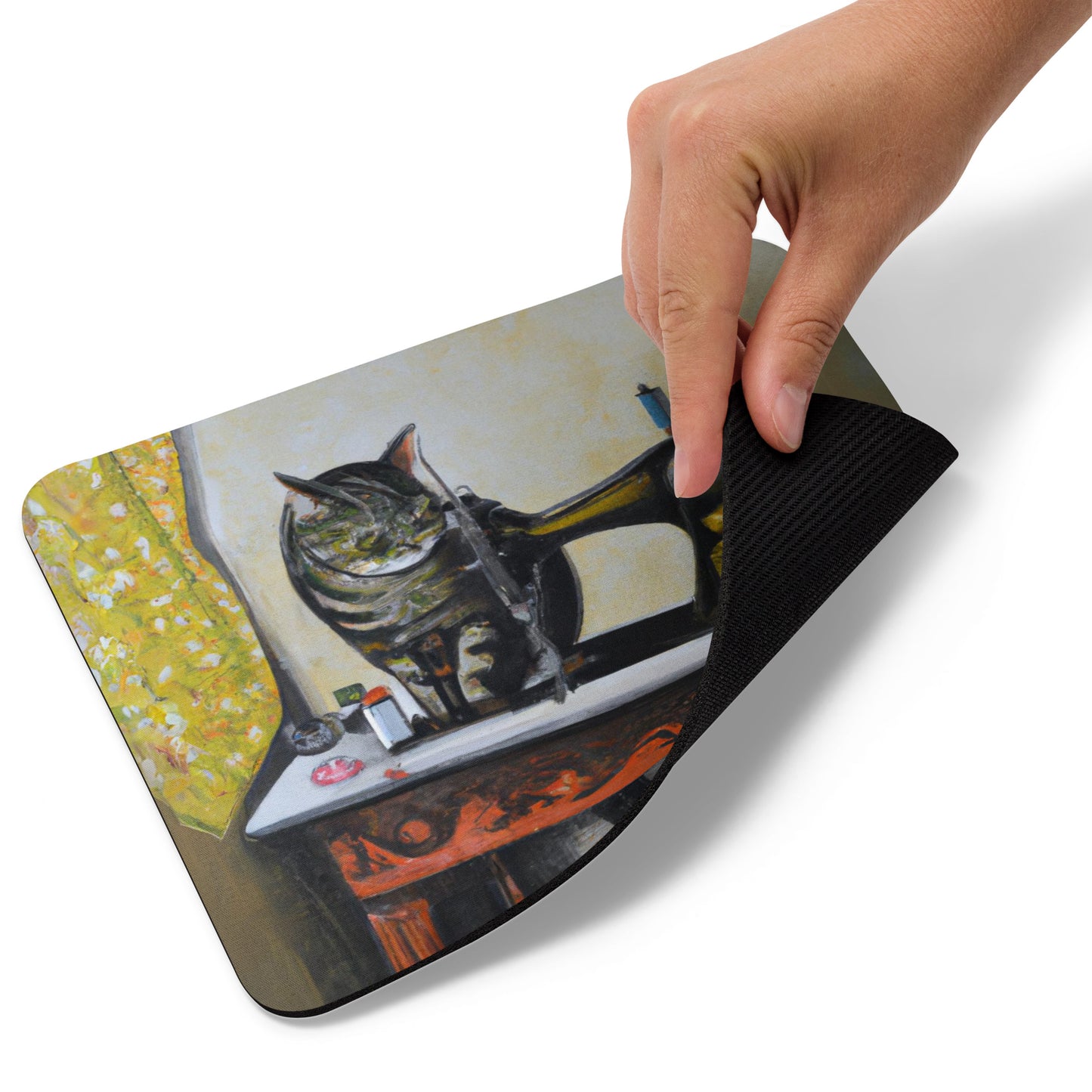 Artistic Mouse Pad with "Sewing Cat" Graphic Design, the perfect gift for people who love to sew