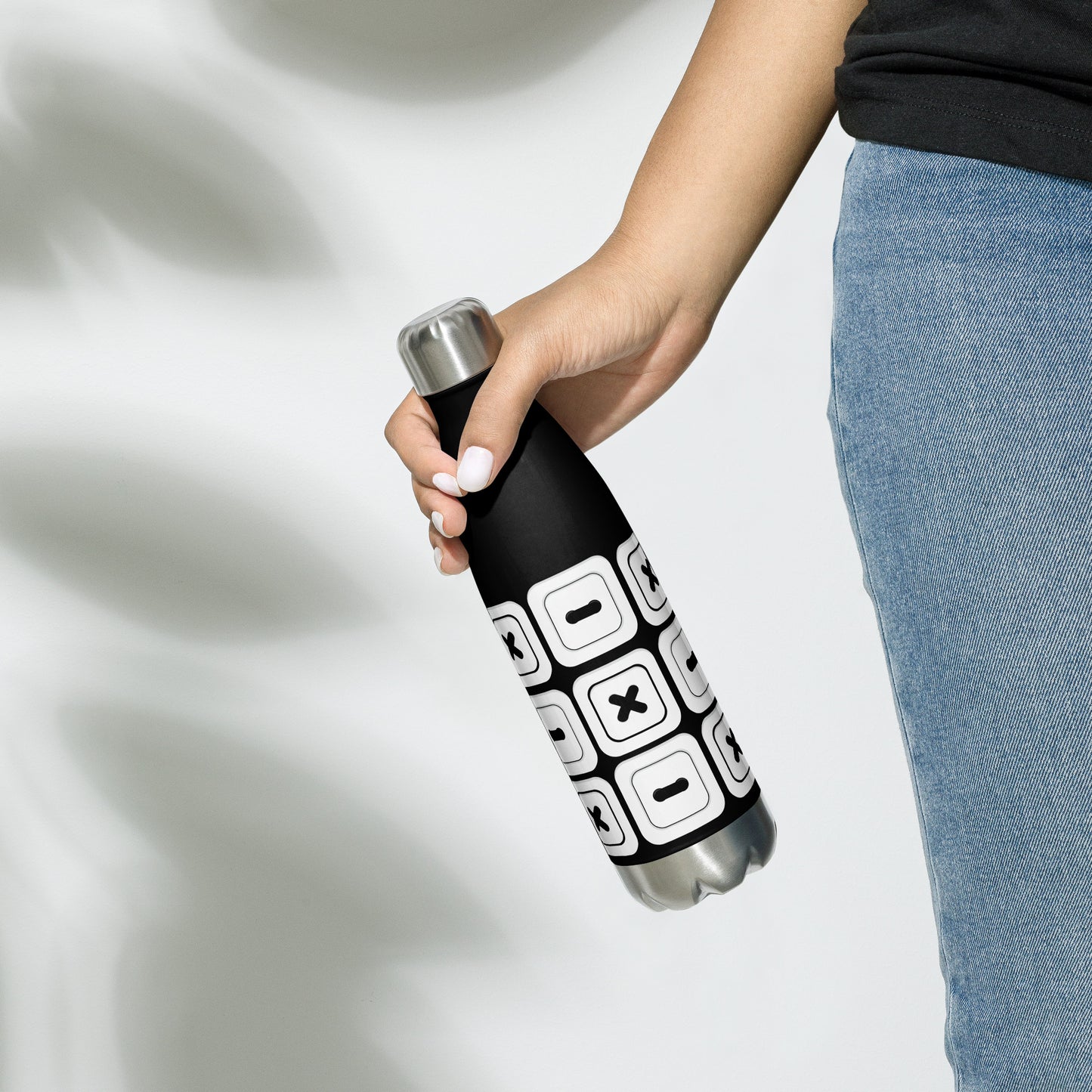 Black Stainless Steel Water Bottle with "Square Buttons" design - the perfect gift for people who love to sew
