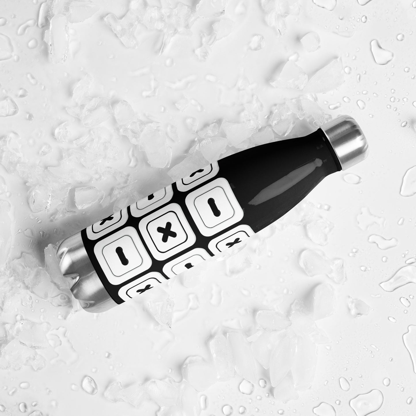 Black Stainless Steel Water Bottle with "Square Buttons" design - the perfect gift for people who love to sew